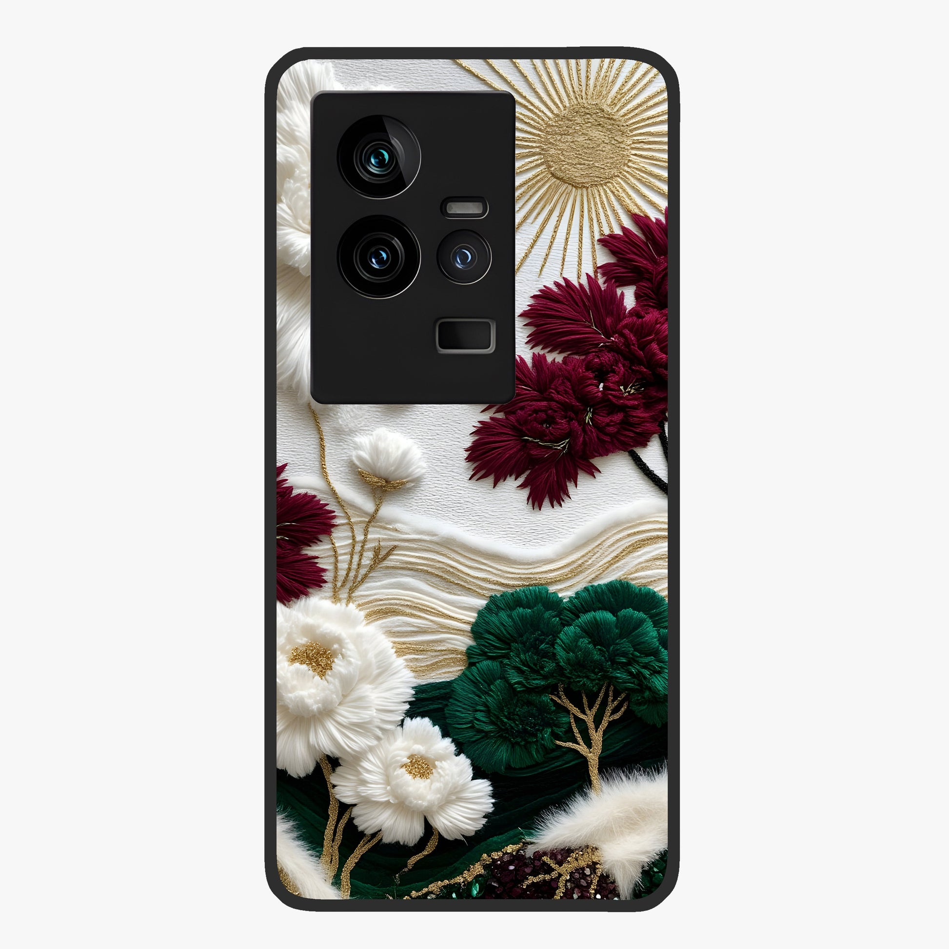 Radiant Bloom Elegance Glass Case showing flat back view with elegant blooming flower artwork and glossy glass finish.