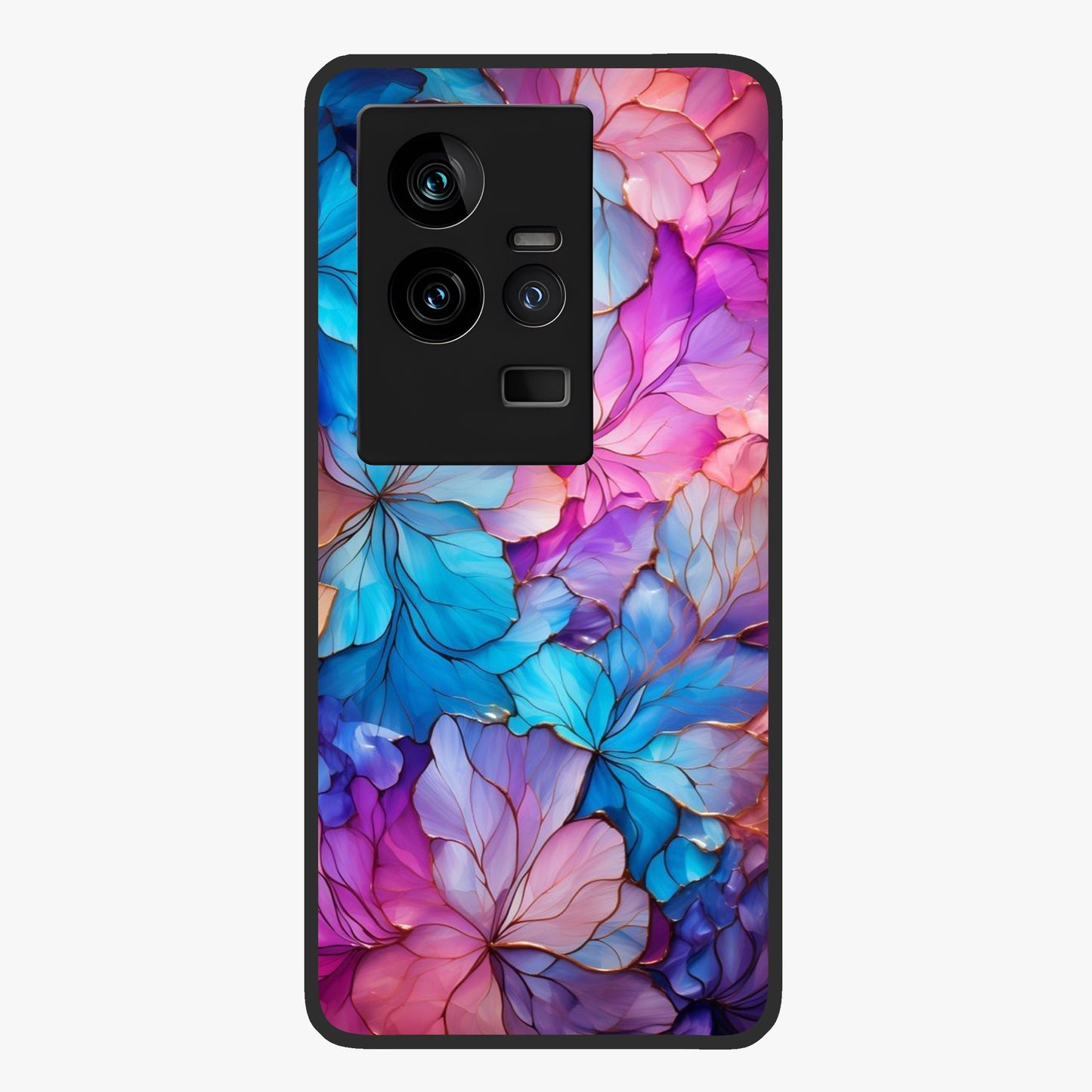 Radiant Floral Whirl Glass Case showing flat back view with swirling floral artwork and glossy glass finish.