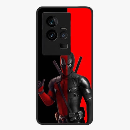 Red & Black Deadpool Theme Glass Case showing flat back view with bold comic inspired artwork and glossy glass finish.