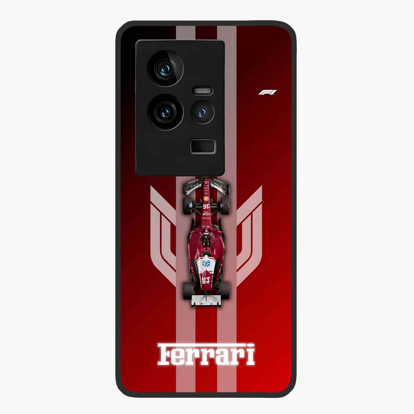 Red Ferrari F1 Vertical Glass Case showing flat back view with sleek Formula racing car artwork and glossy glass finish.