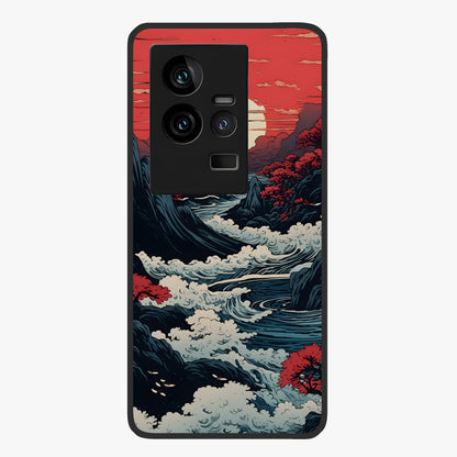 Red Sunset Scenery Glass Case showing flat back view with vibrant sunset landscape artwork and glossy glass finish.