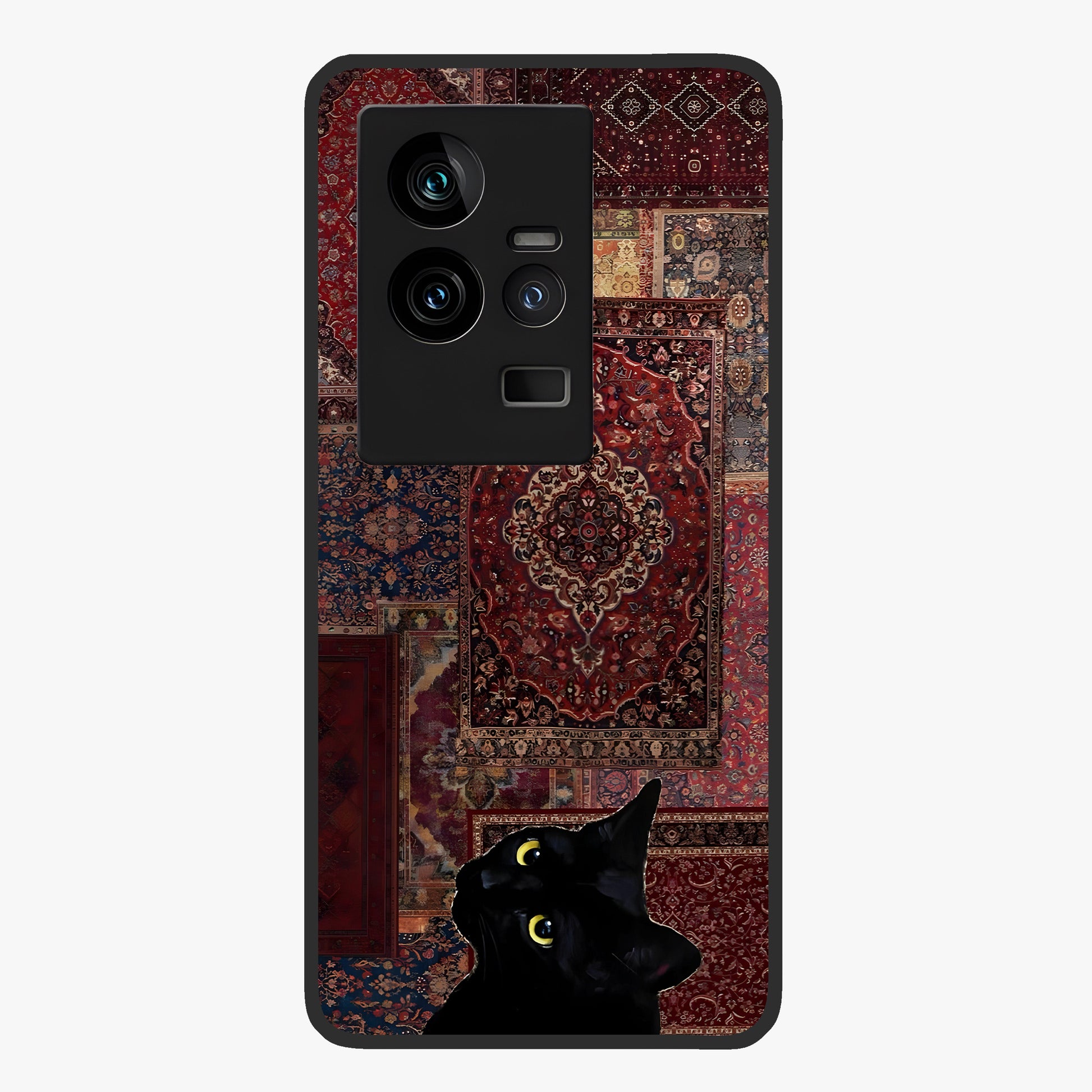 Regal Magic Cat Apple Glass Case showing flat back view with magical cat artwork holding apple and glossy glass finish.