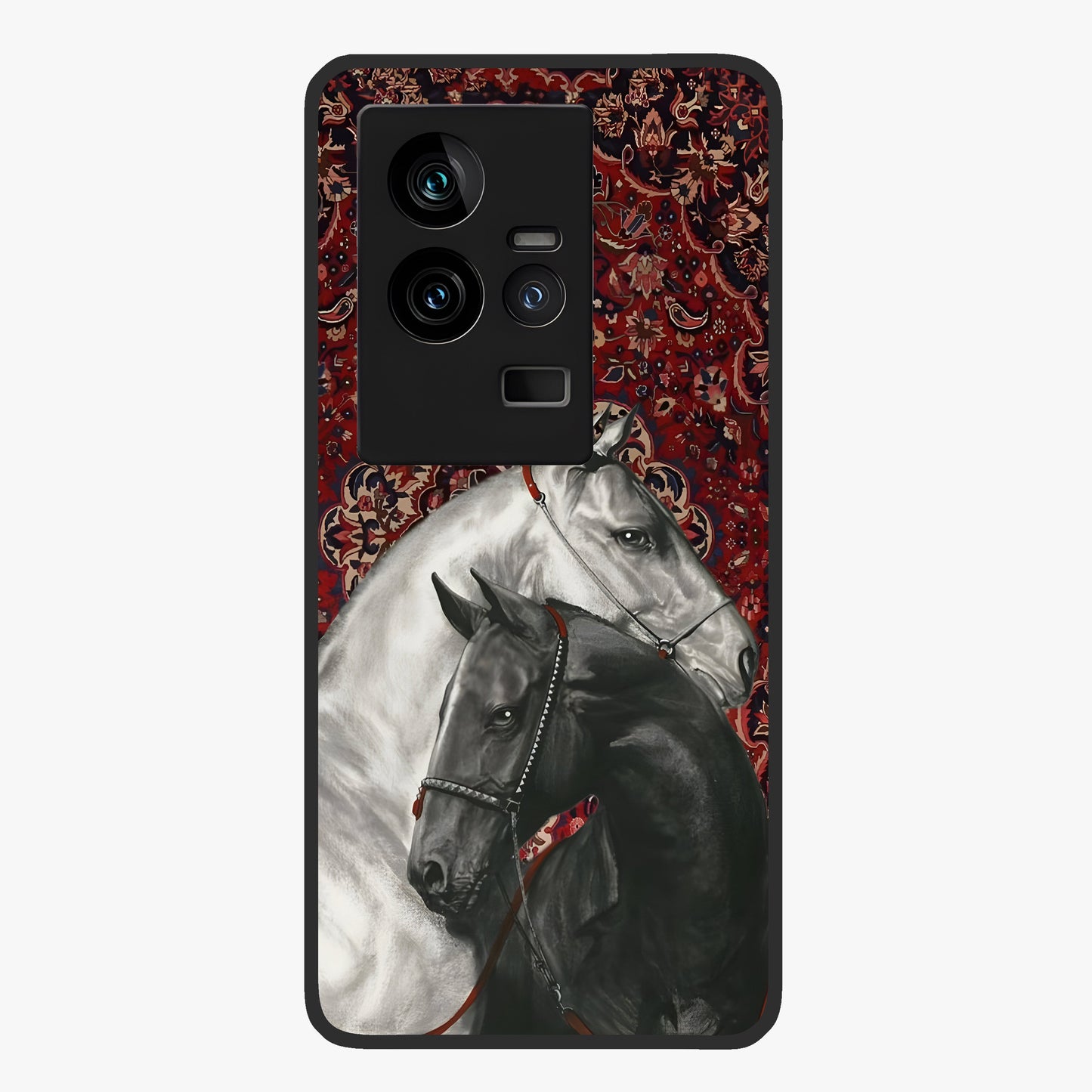 Regal Stallion Tapestry Glass Case showing flat back view with majestic horse tapestry artwork and glossy glass finish.