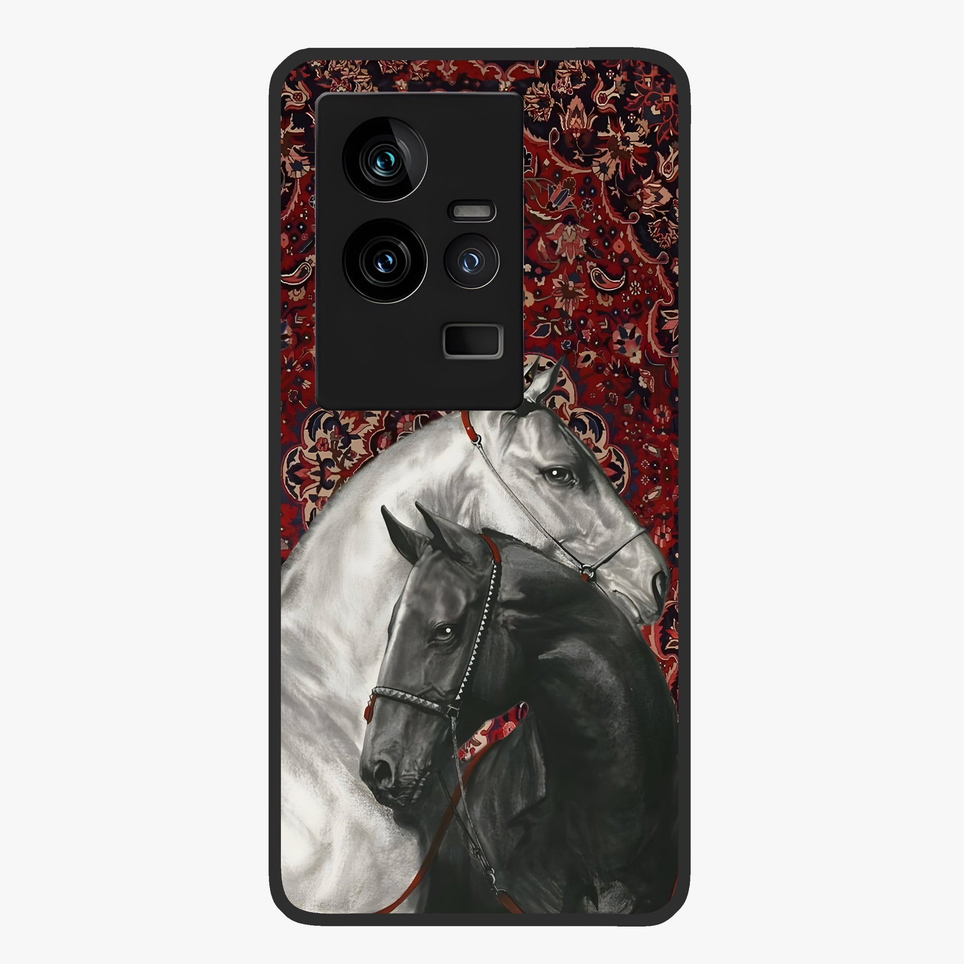 Regal Stallion Tapestry Glass Case showing flat back view with majestic horse tapestry artwork and glossy glass finish.