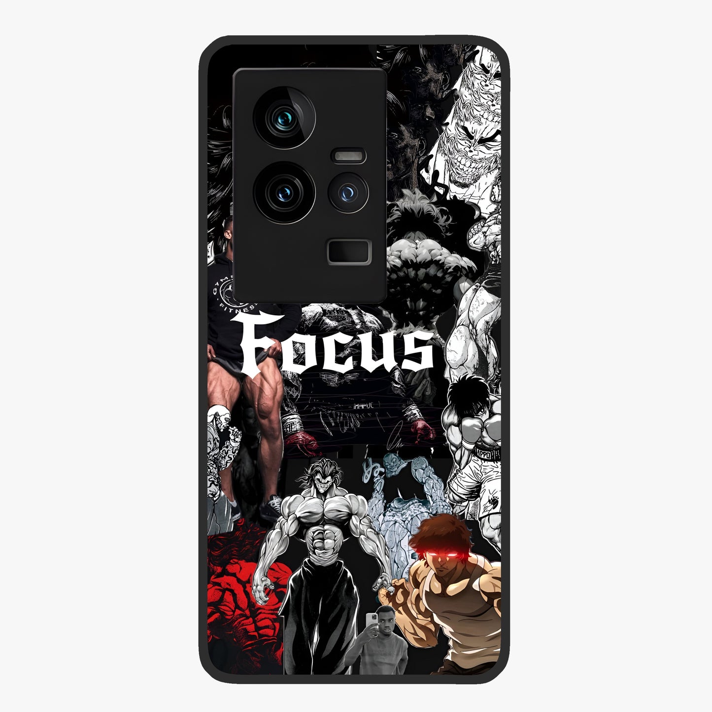 Relentless Power Focus Glass Case showing flat back view with motivational typography artwork and glossy glass finish.