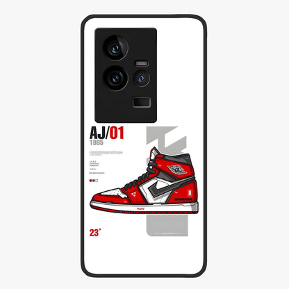 Retro Sneaker Blueprint Glass Case showing flat back view with sneaker blueprint style artwork and glossy glass finish.