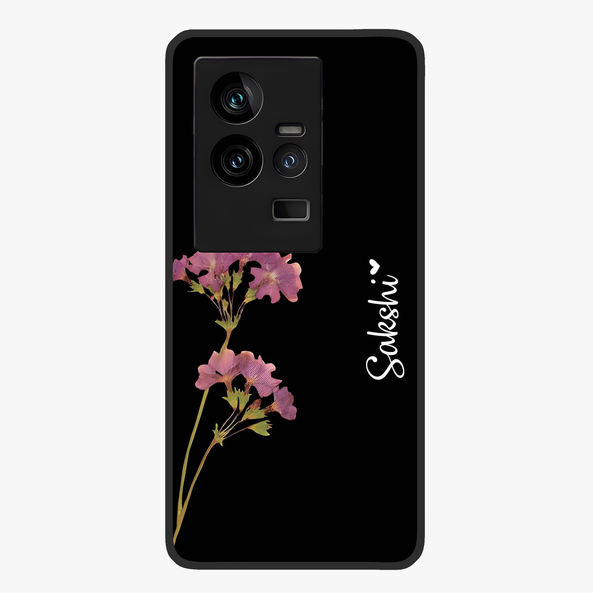 Riching Lavender Flower Custom Name Glass Case showing flat back view with lavender floral artwork and personalized name design.
