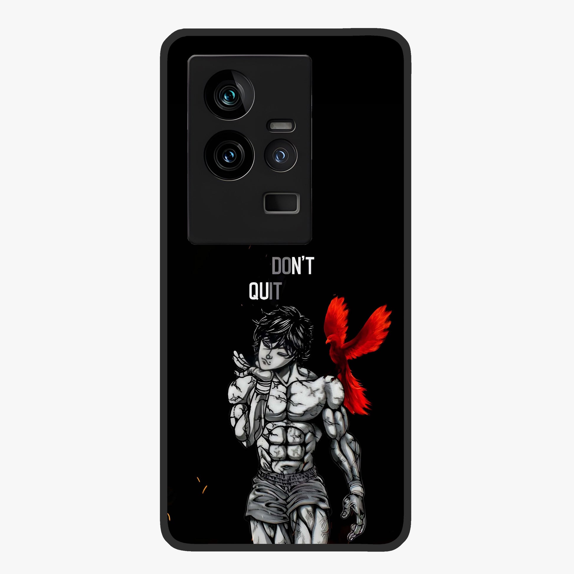 Rise Beyond Limits Glass Case showing flat back view with motivational typography artwork and glossy glass finish.