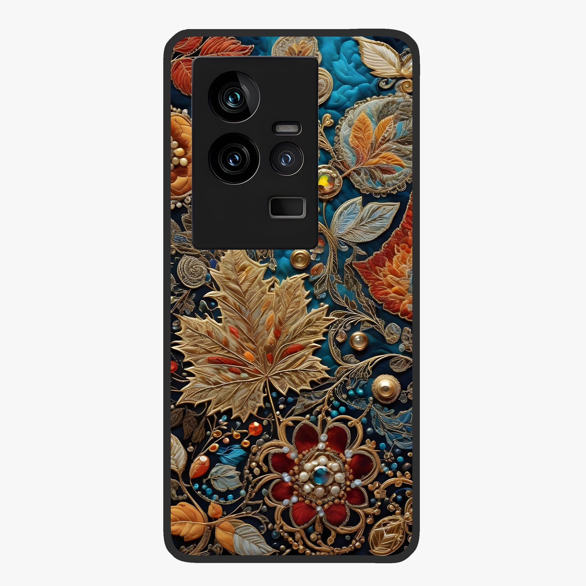 Royal Jewel Garden Glass Case showing flat back view with decorative floral garden artwork and glossy glass finish.