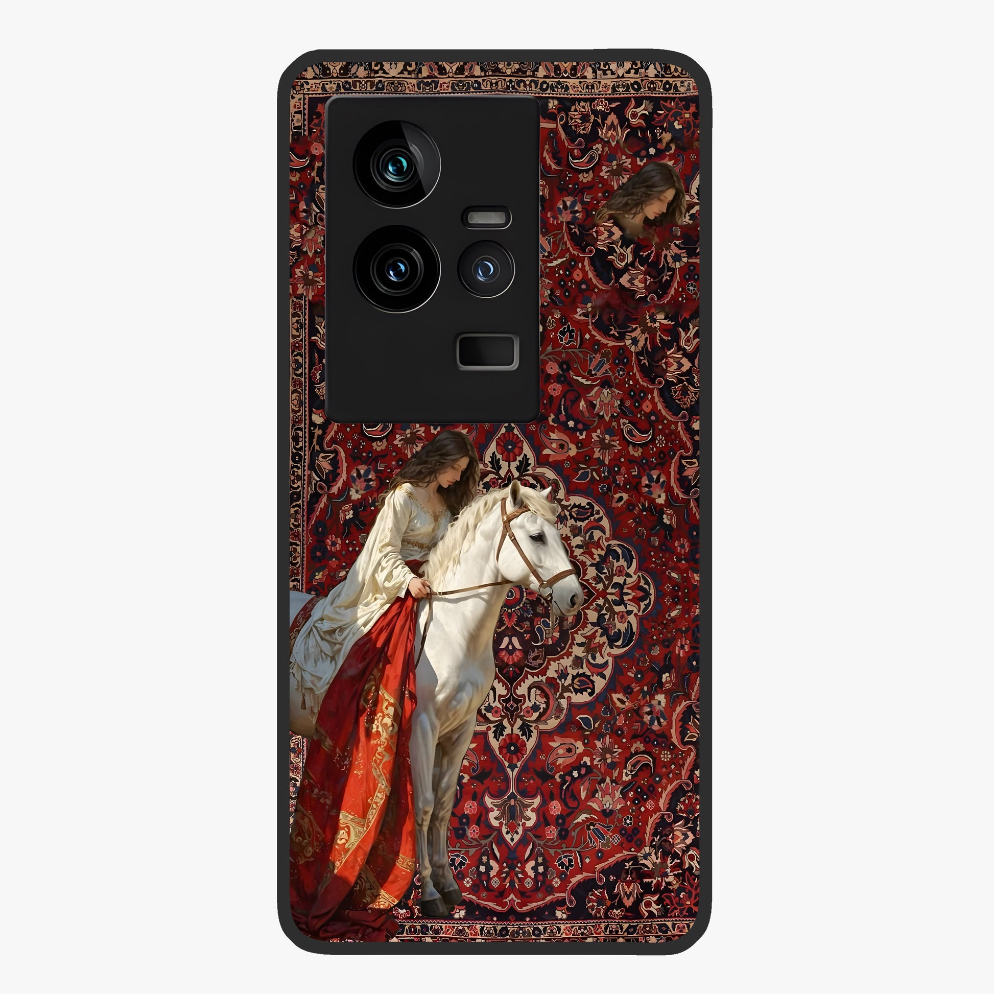 Royal Rider Tapestry Glass Case showing flat back view with majestic horse rider tapestry artwork and glossy glass finish.