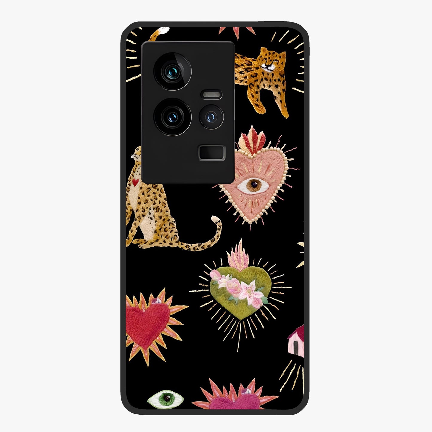 Sacred Jungle Heart Glass Case showing flat back view with jungle inspired heart artwork and glossy glass finish.