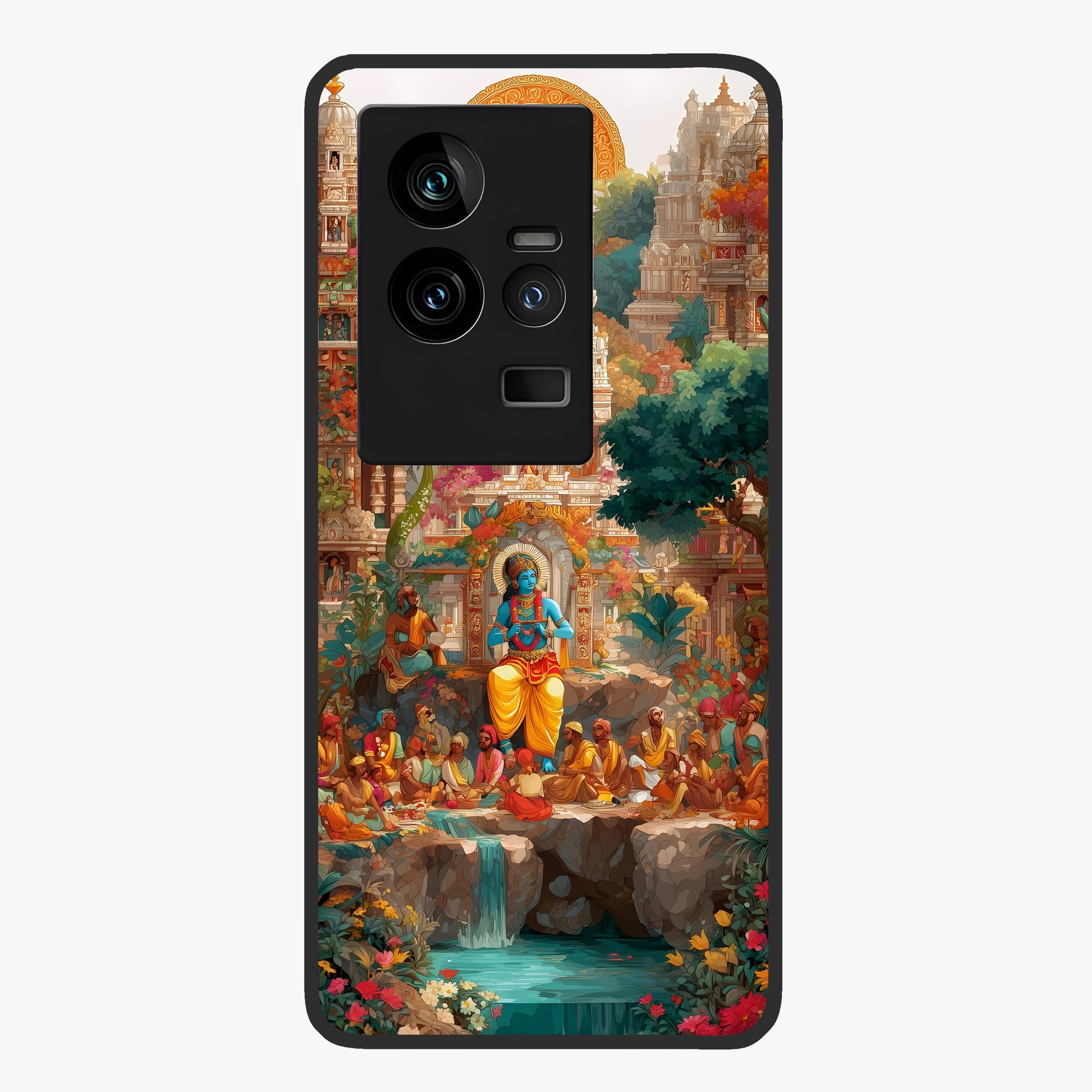 Sacred Sunlight Gods Glass Case showing flat back view with divine sunlight themed artwork and glossy glass finish.