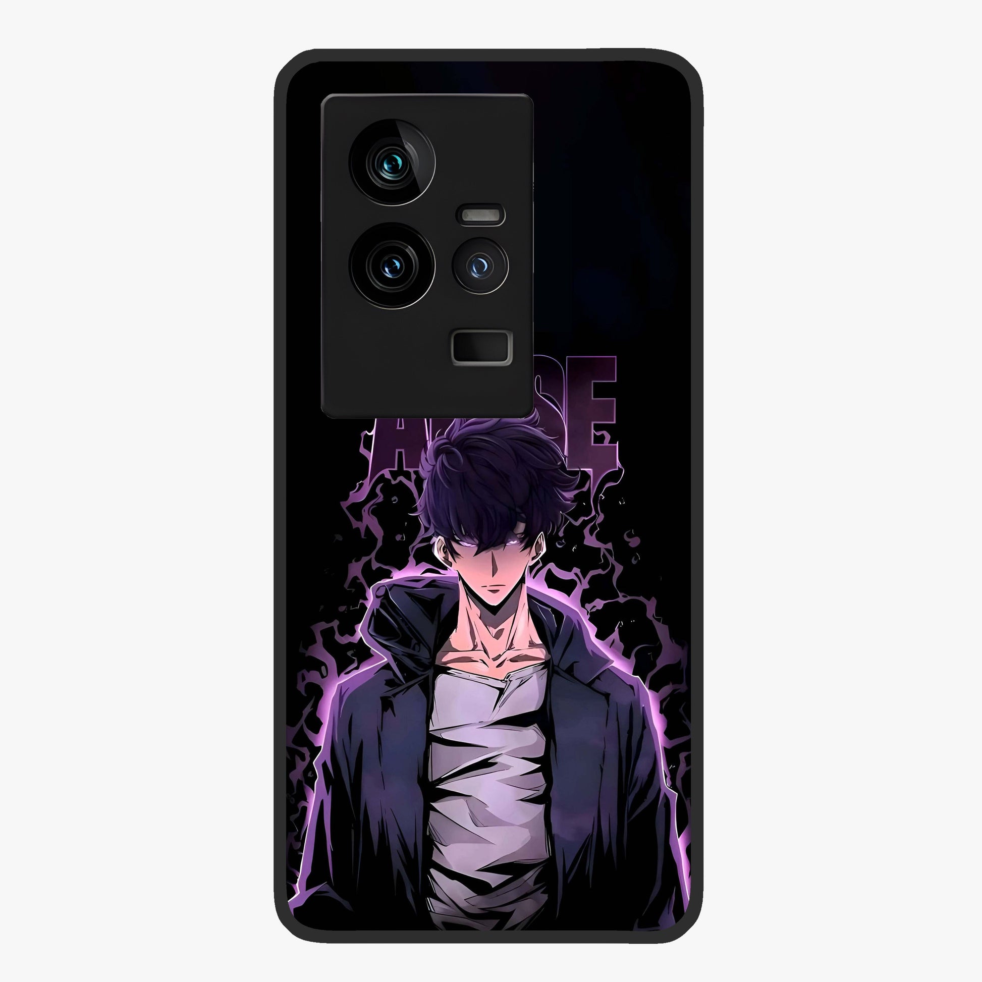 Shadow Monarch Awakening Glass Case showing flat back view with powerful dark monarch themed artwork and glossy glass finish.