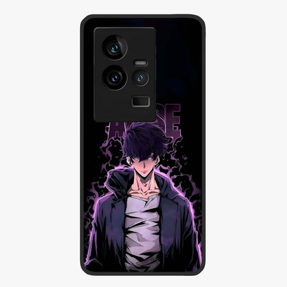 Shadow Monarch Awakening Glass Case showing flat back view with powerful dark monarch themed artwork and glossy glass finish.