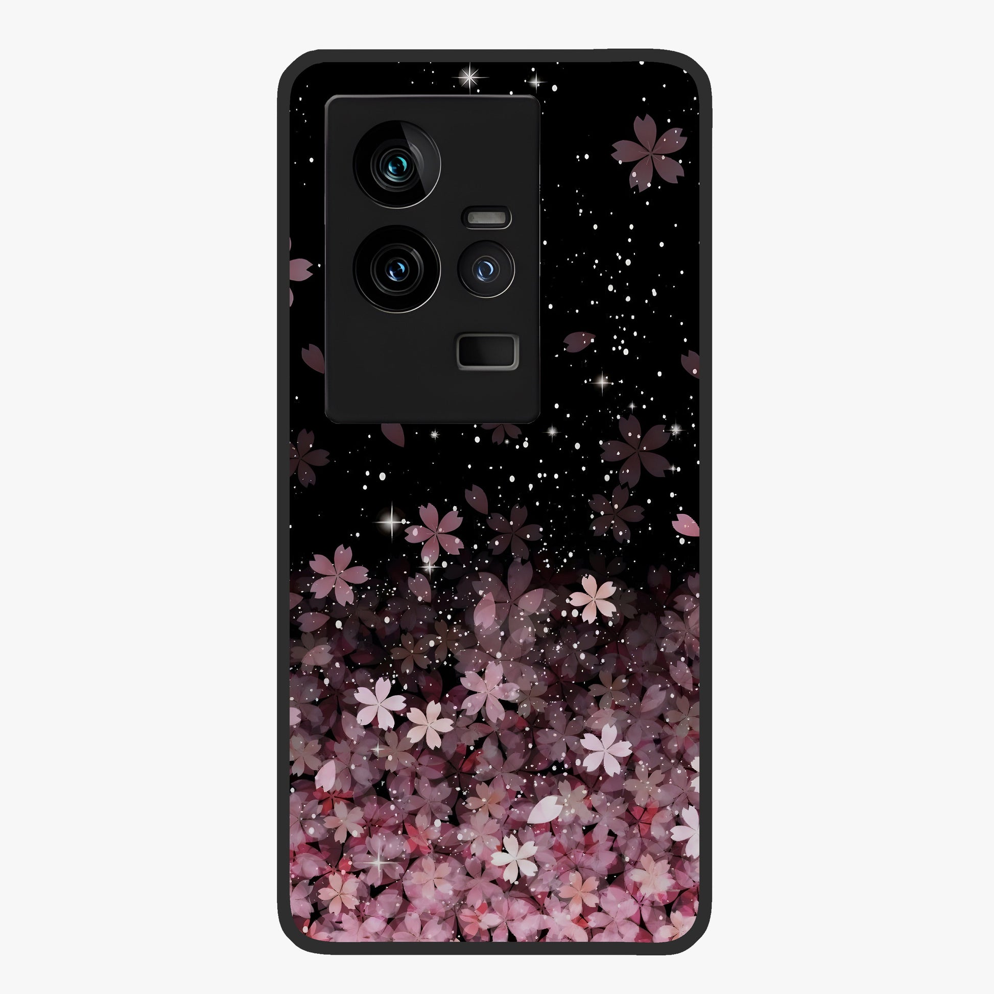 Small Starry Flowers Glass Case showing flat back view with delicate starry floral artwork and glossy glass finish.