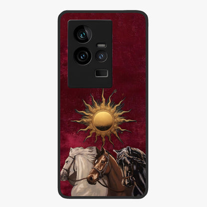 Solar Riders Glass Case showing flat back view with dynamic rider themed artwork and glossy glass finish.