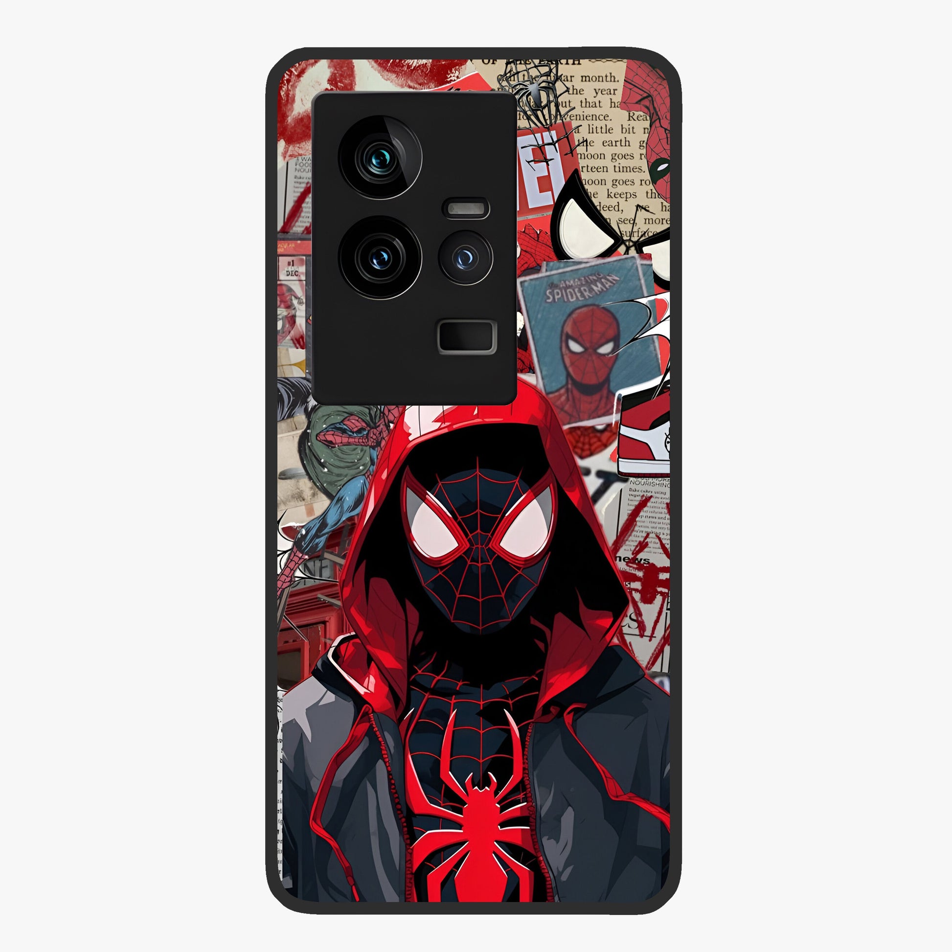 Spider Collage Street Glass Case showing flat back view with vibrant superhero collage artwork and glossy glass finish.