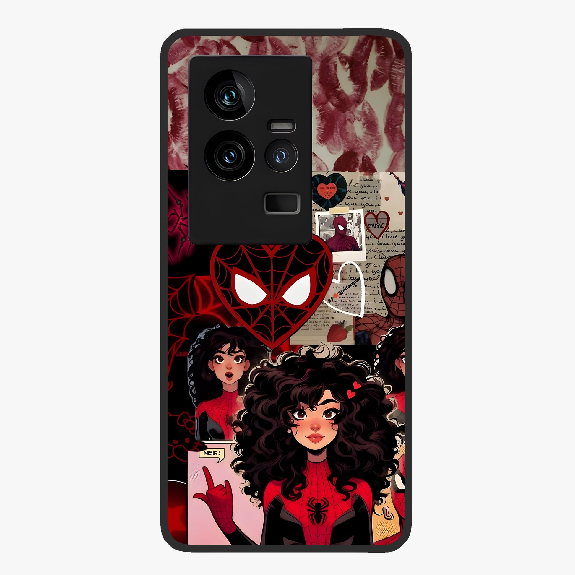 Spider Love Story Glass Case showing flat back view with romantic superhero themed artwork and glossy glass finish.