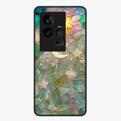 Stained Sunrise Glow Glass Case showing flat back view with glowing sunrise stained pattern artwork and glossy glass finish.