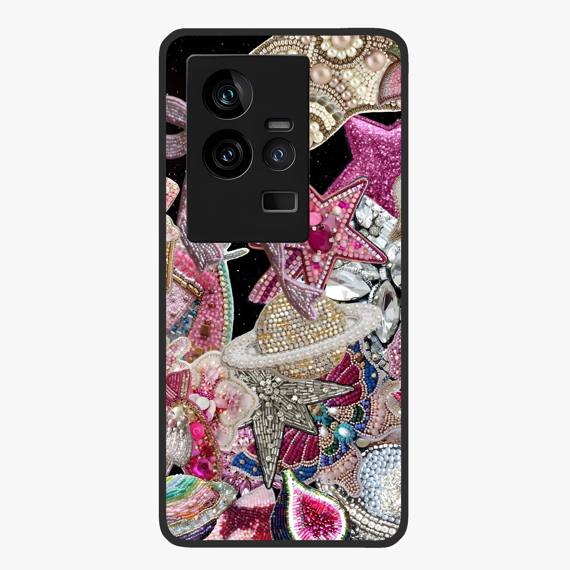Starlit Jewel Dream Glass Case showing flat back view with sparkling jewel and star themed artwork and glossy glass finish.