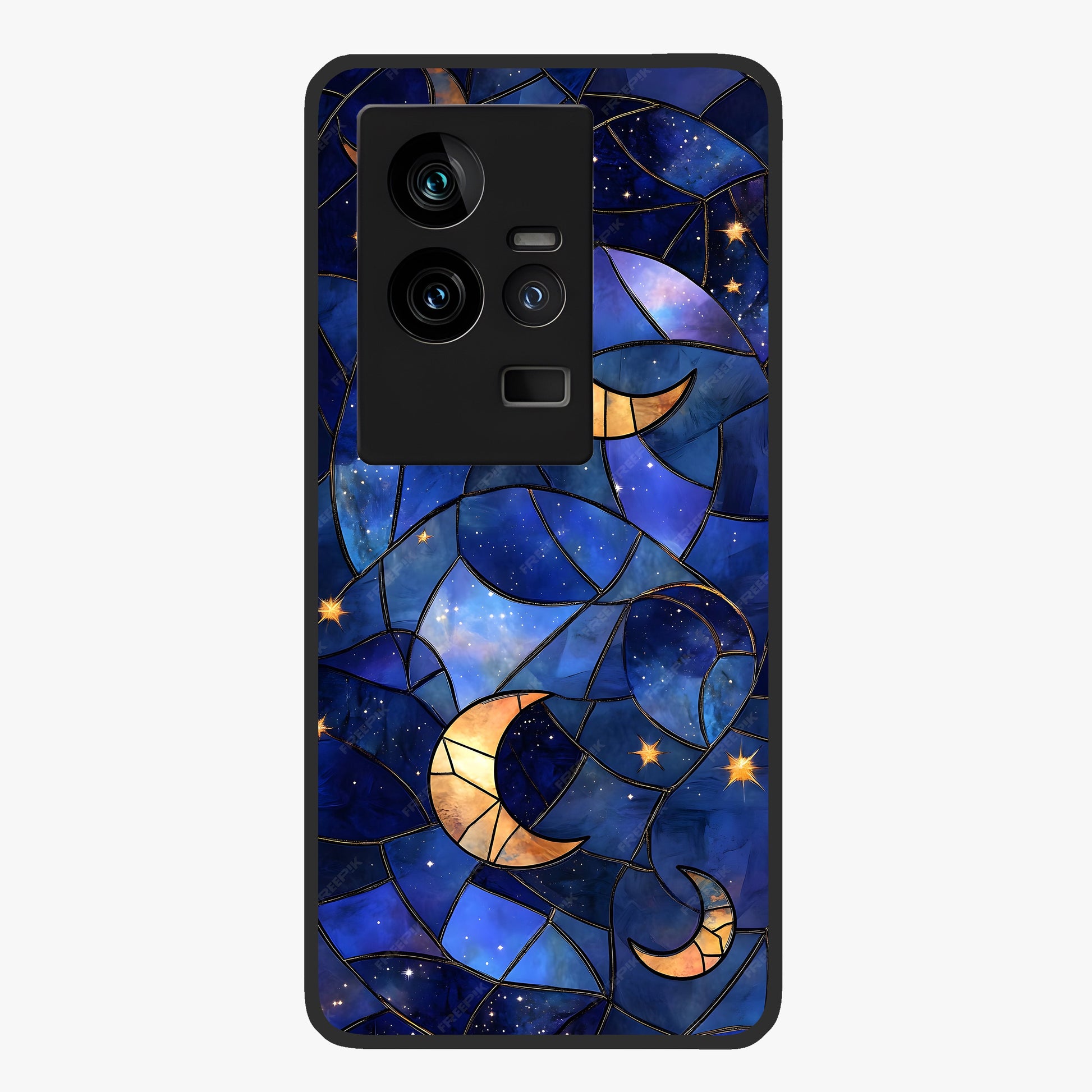 Starlit Sky Tapestry Glass Case showing flat back view with decorative starry sky tapestry artwork and glossy glass finish.