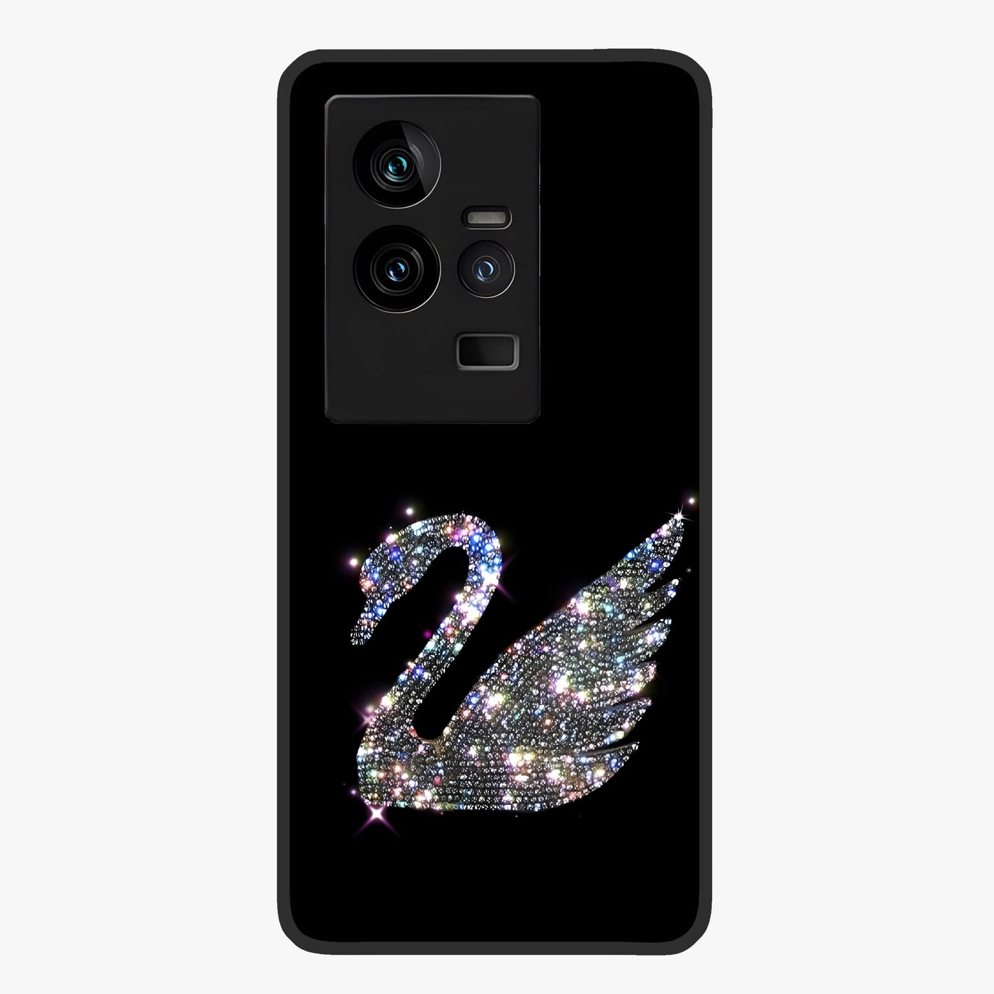Starlit Swan Grace Glass Case showing flat back view with graceful swan artwork under starry sky and glossy glass finish.