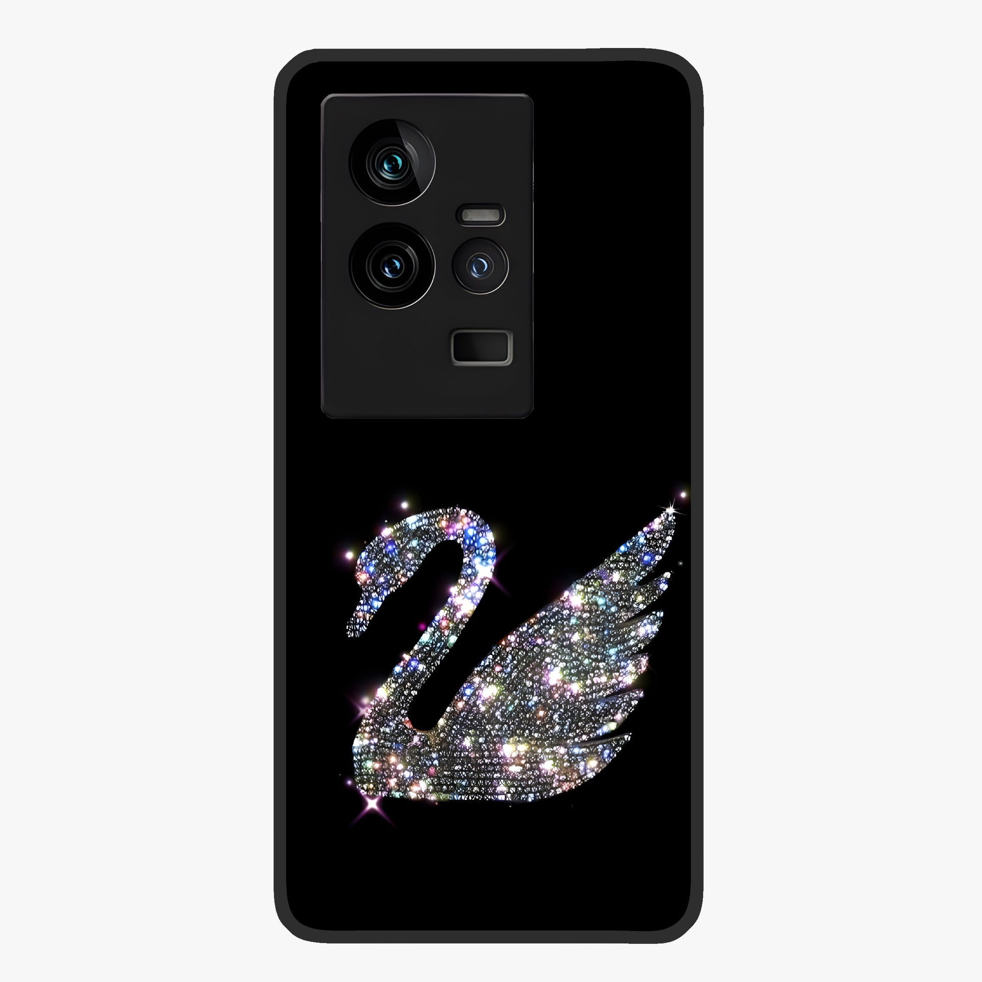 Starlit Swan Grace Glass Case showing flat back view with graceful swan artwork under starry sky and glossy glass finish.