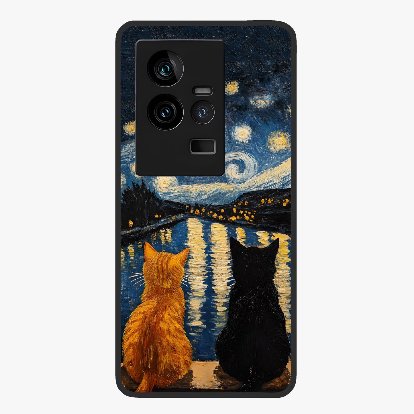 Starry River Cats Glass Case showing flat back view with cats by a starry river artwork and glossy glass finish.