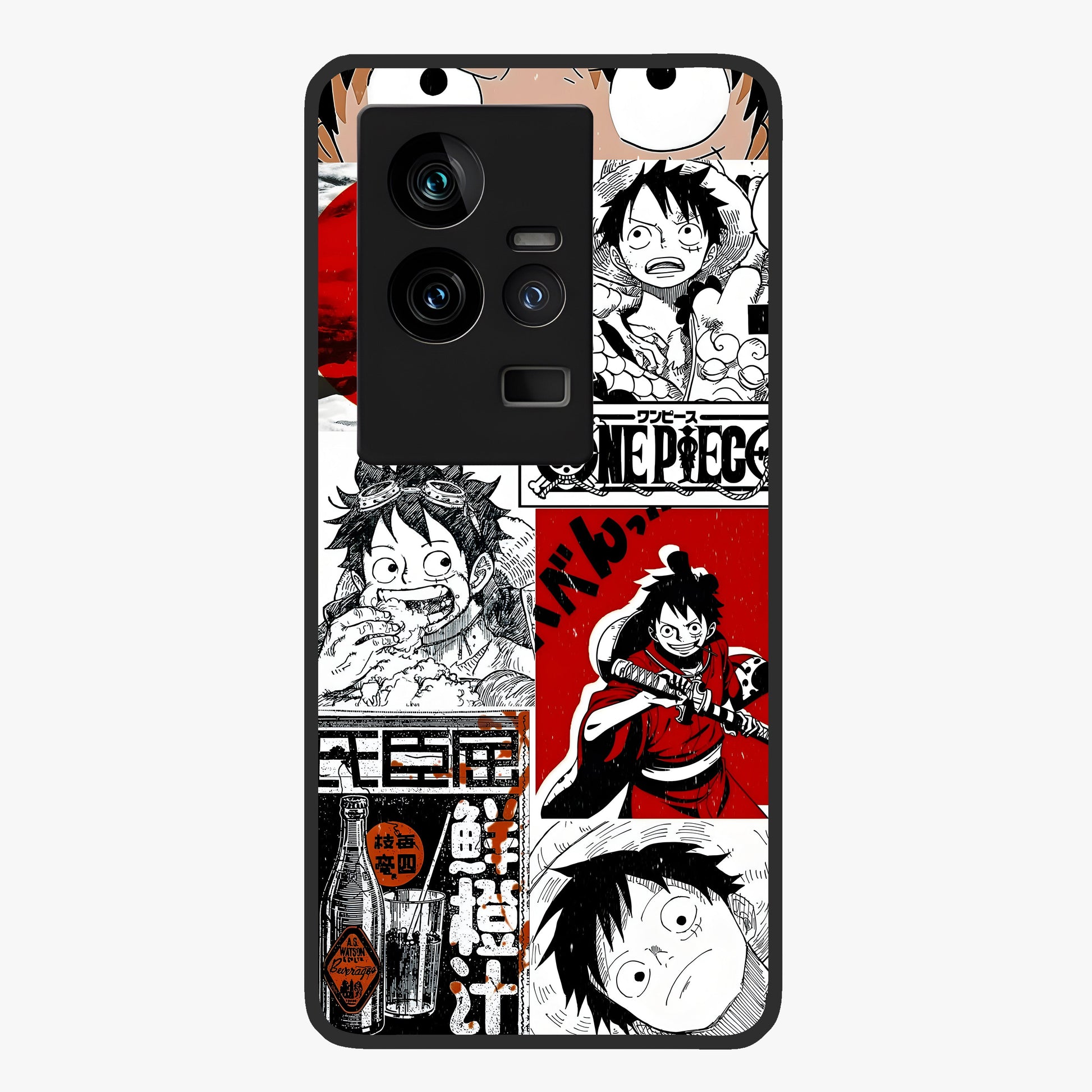 Strawhat Chaos Panels Glass Case showing flat back view with anime inspired chaos panel artwork and glossy glass finish.