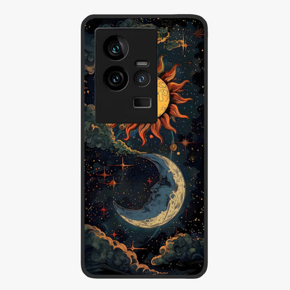 Sun And Moon Magic Design Glass Case showing flat back view with mystical sun and moon artwork and glossy glass finish.