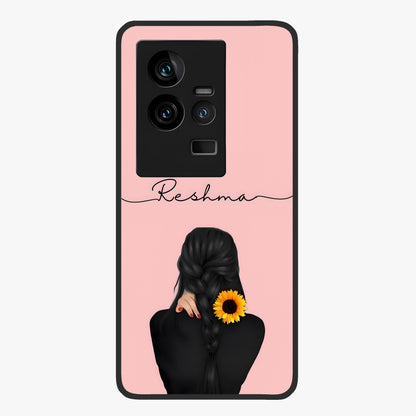 Sunflower Braid Beauty With Custom Name Glass Case showing flat back view with sunflower braid artwork and personalized name design.