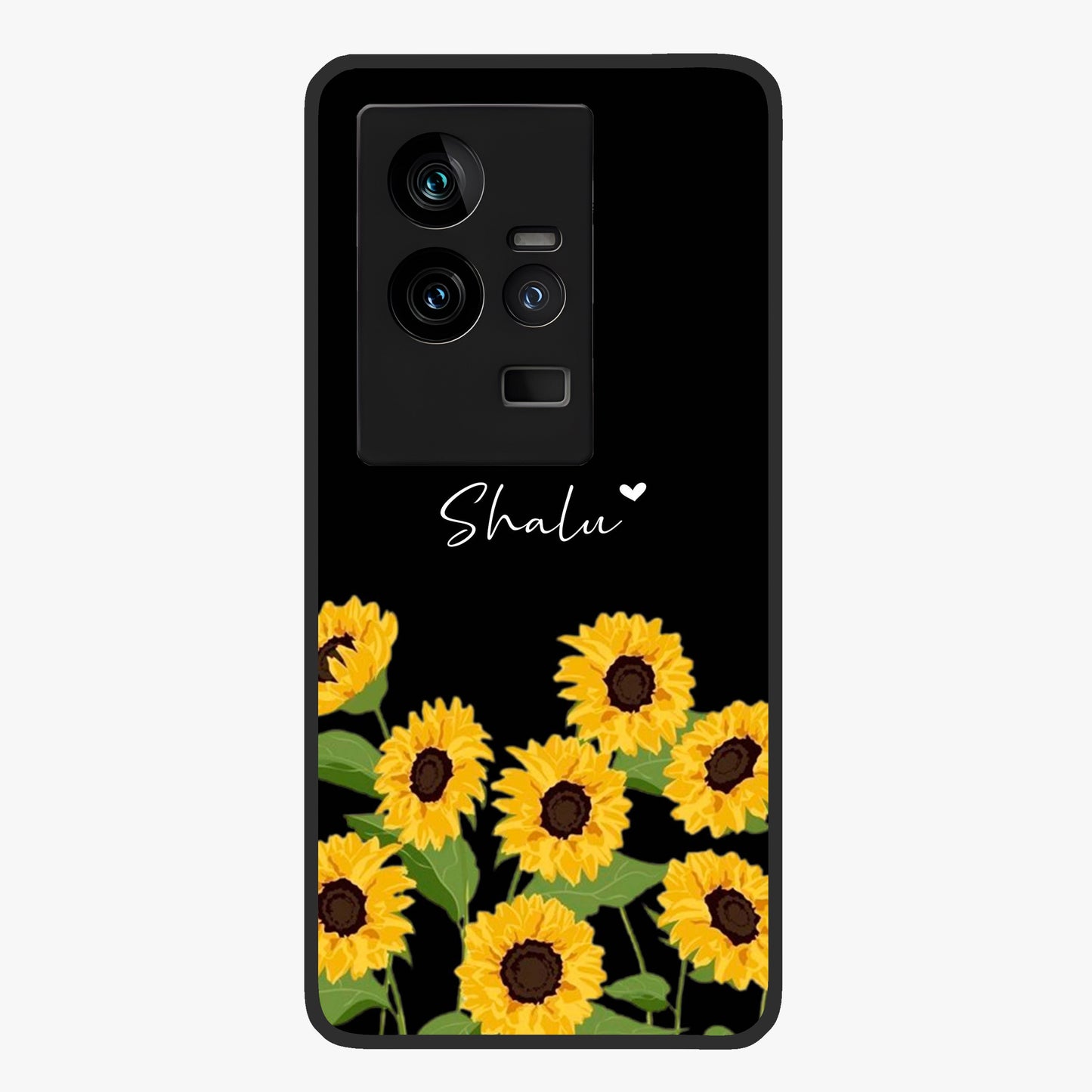 Sunflower Chic Mood Custom Name Glass Case showing flat back view with stylish sunflower artwork and personalized name design.