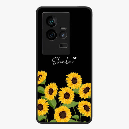 Sunflower Chic Mood Custom Name Glass Case showing flat back view with stylish sunflower artwork and personalized name design.