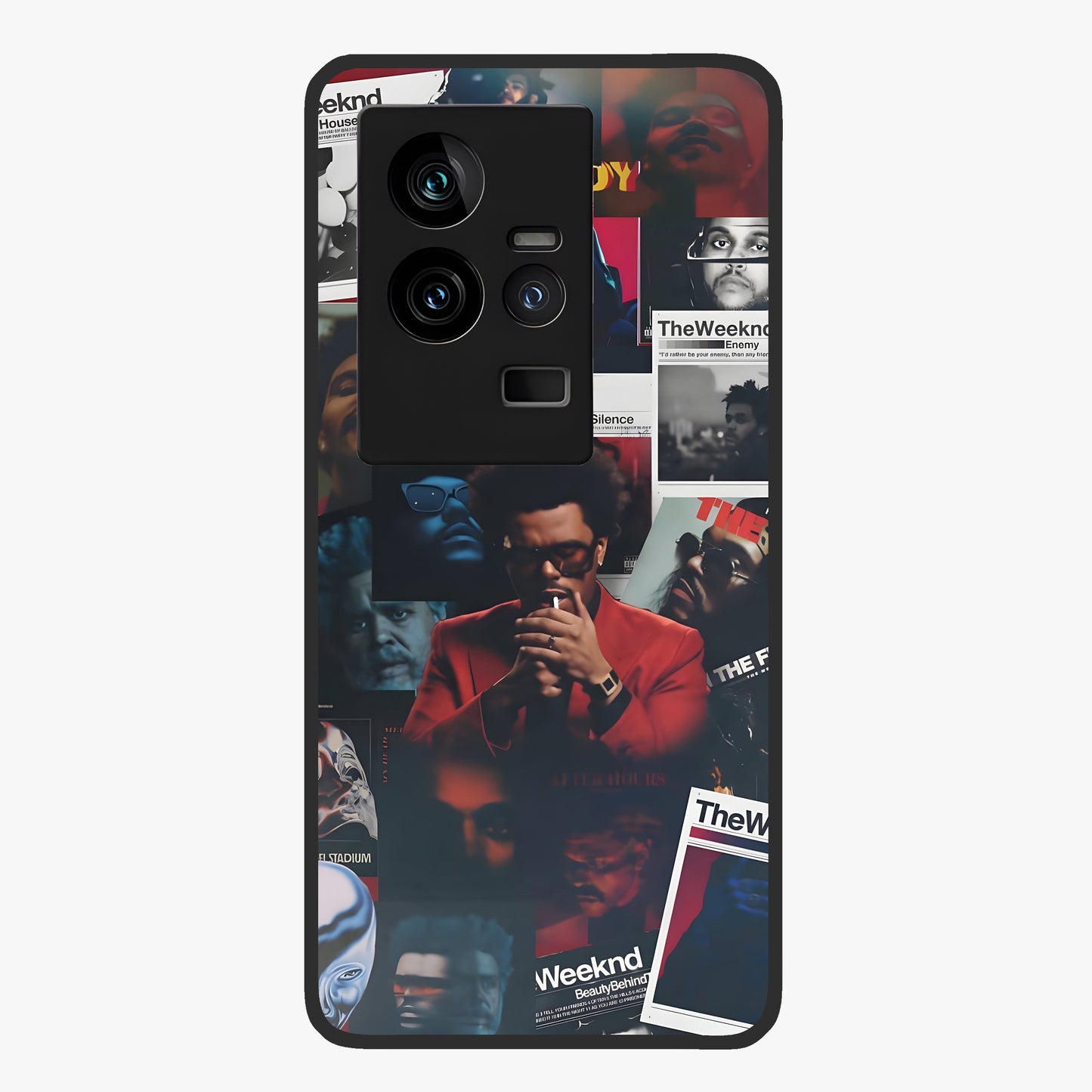 The Weeknd Glass Case showing flat back view with music inspired artistic portrait artwork and glossy glass finish.