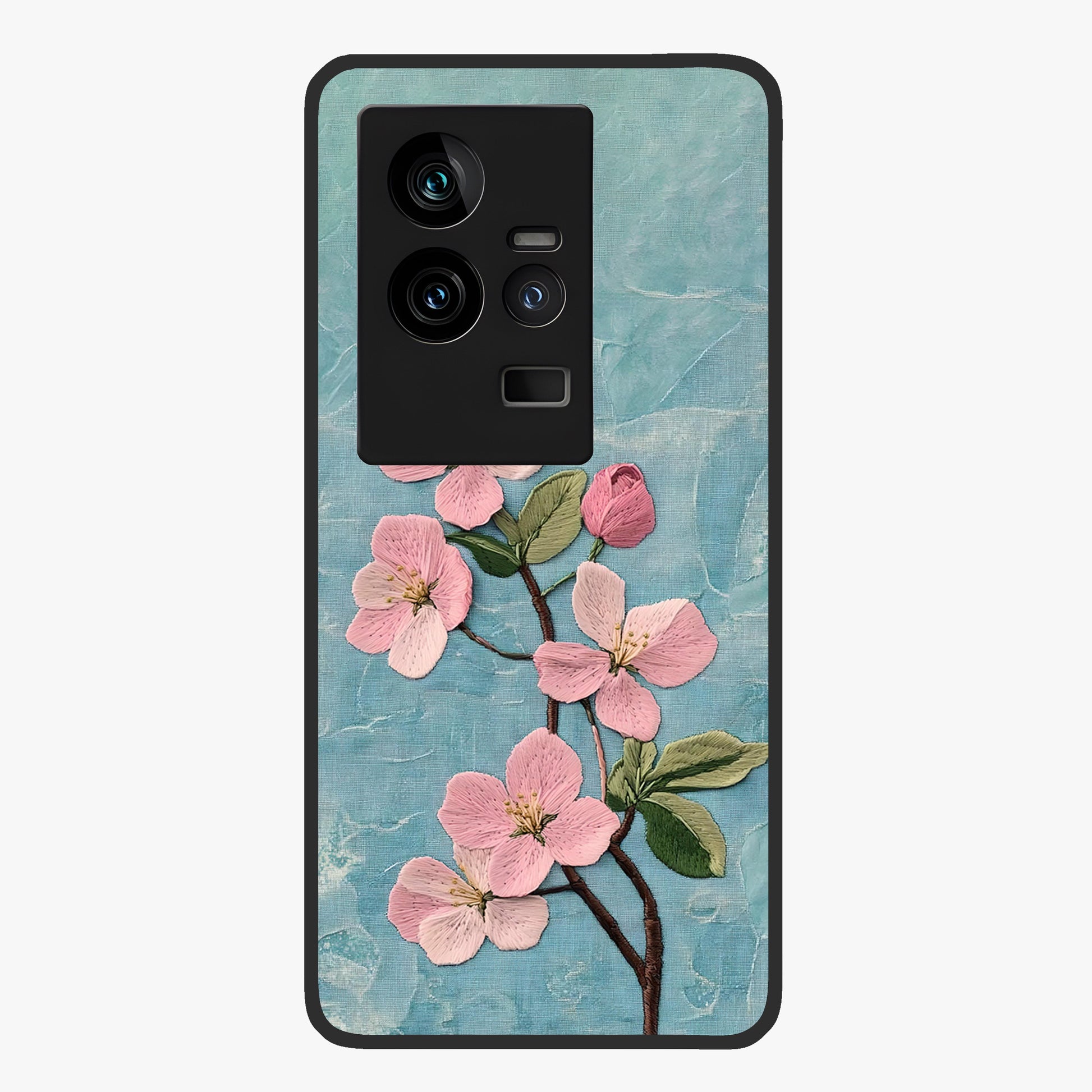 Threaded Blossom Breeze Glass Case showing flat back view with delicate blossom artwork and glossy glass finish.