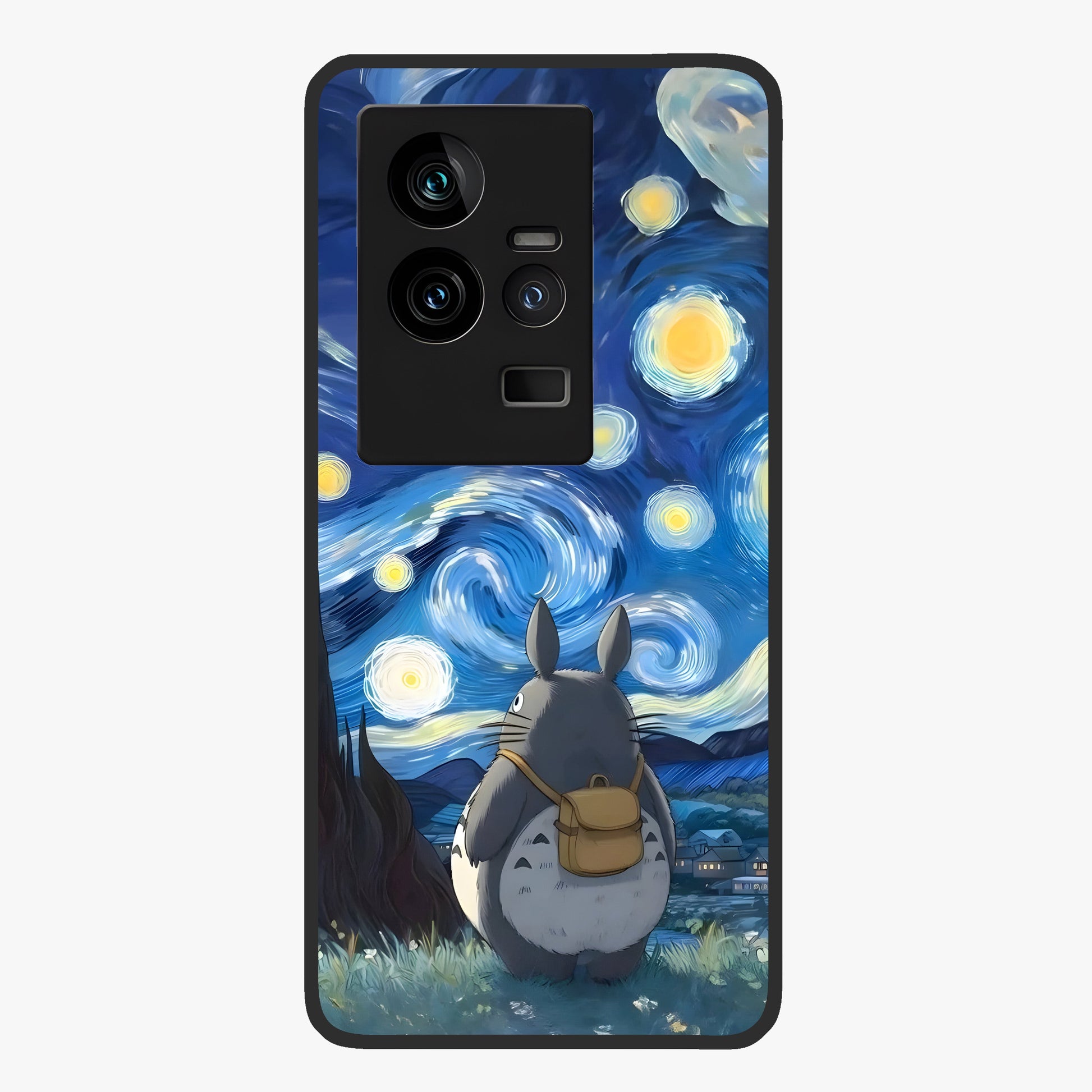 Totoro In Van Gogh Art Glass Case showing flat back view with whimsical character artwork inspired by Van Gogh style and glossy glass finish.