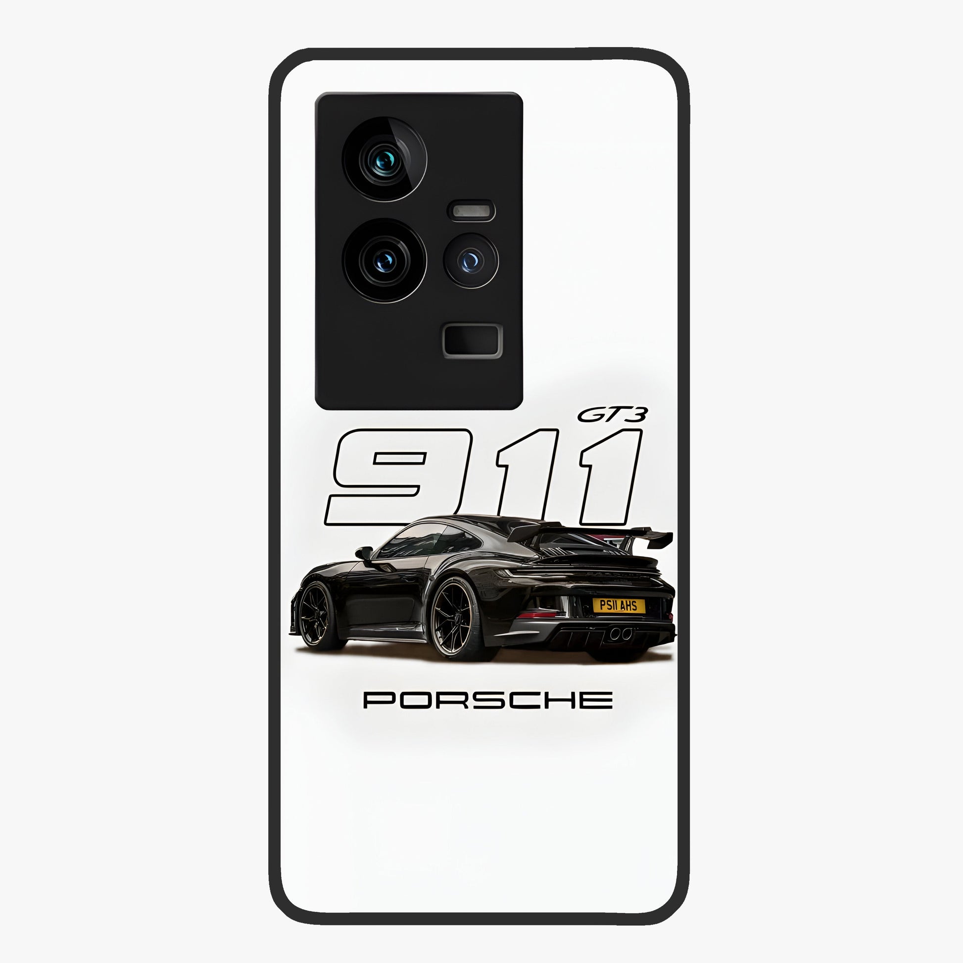Turbo Legacy Icon Glass Case showing flat back view with iconic sports car inspired artwork and glossy glass finish.