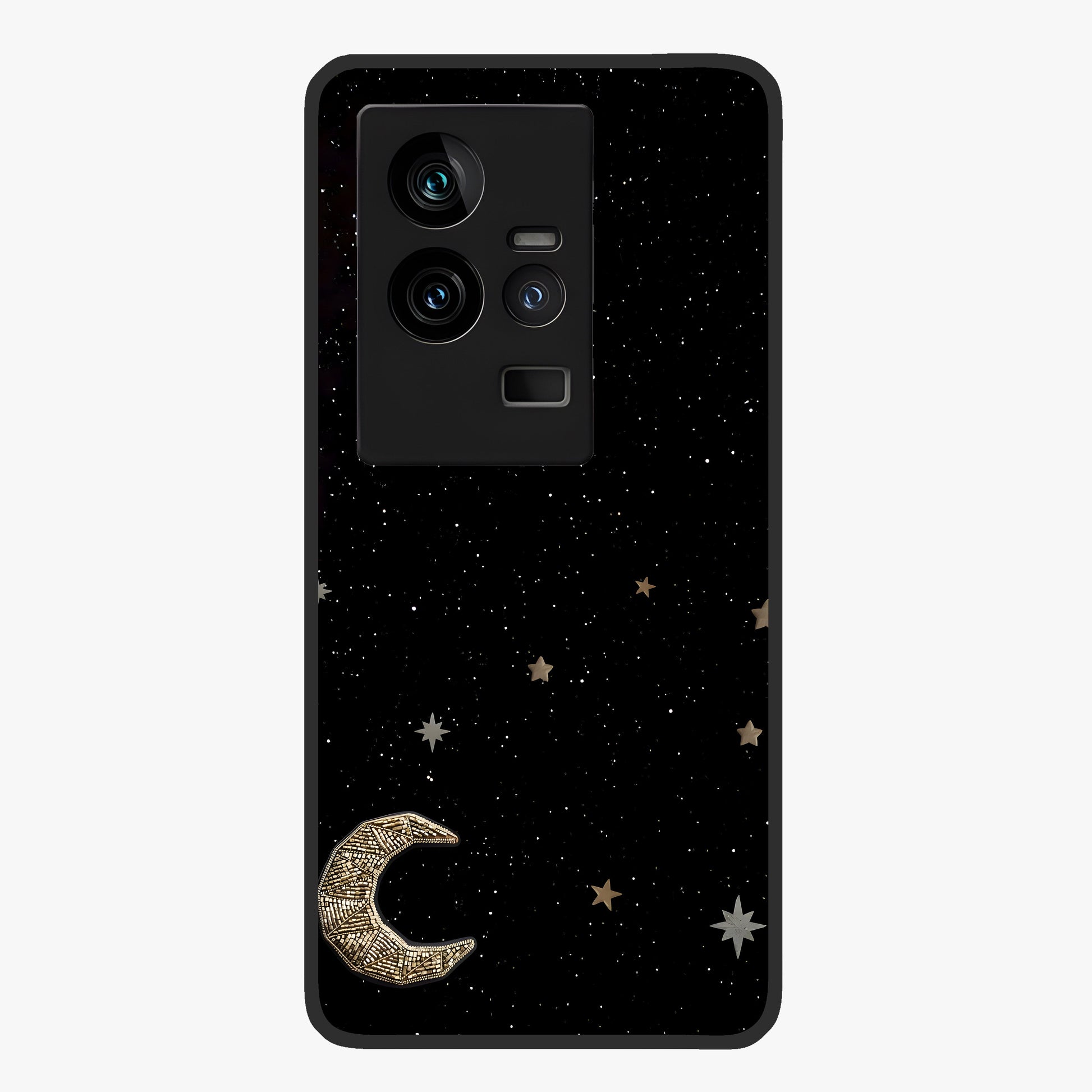 Twinkle Star With Half Moon Glass Case showing flat back view with star and half moon artwork and glossy glass finish.
