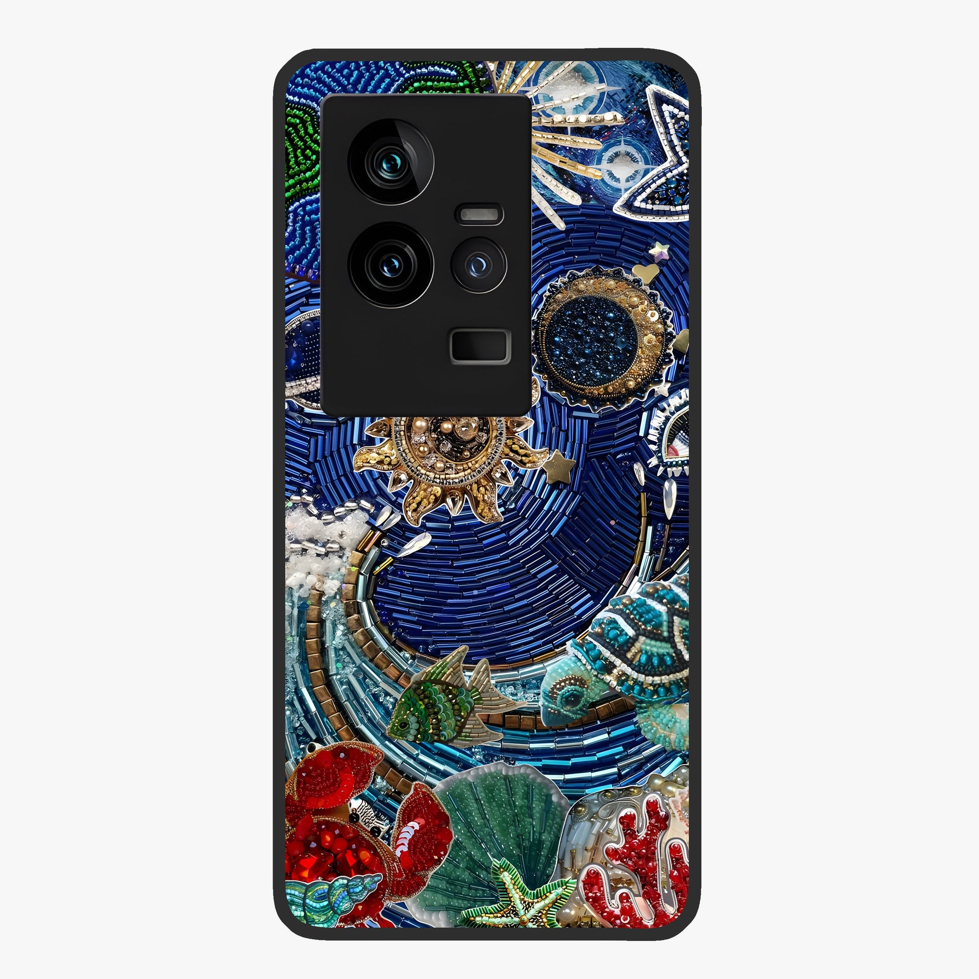 Universe Underwater Spark Glass Case showing flat back view with cosmic underwater themed artwork and glossy glass finish.