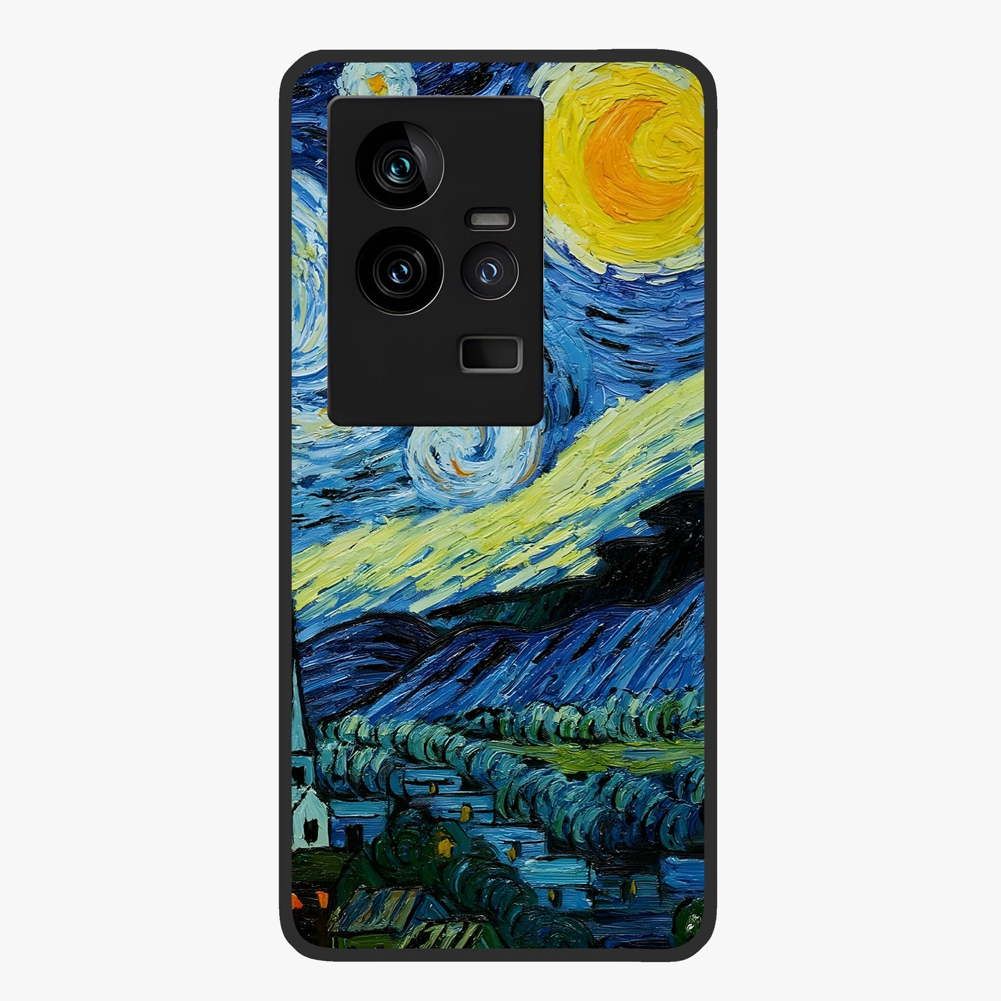 Van Gogh Art Glass Case showing flat back view with classic painterly artwork inspired by Van Gogh style and glossy glass finish.