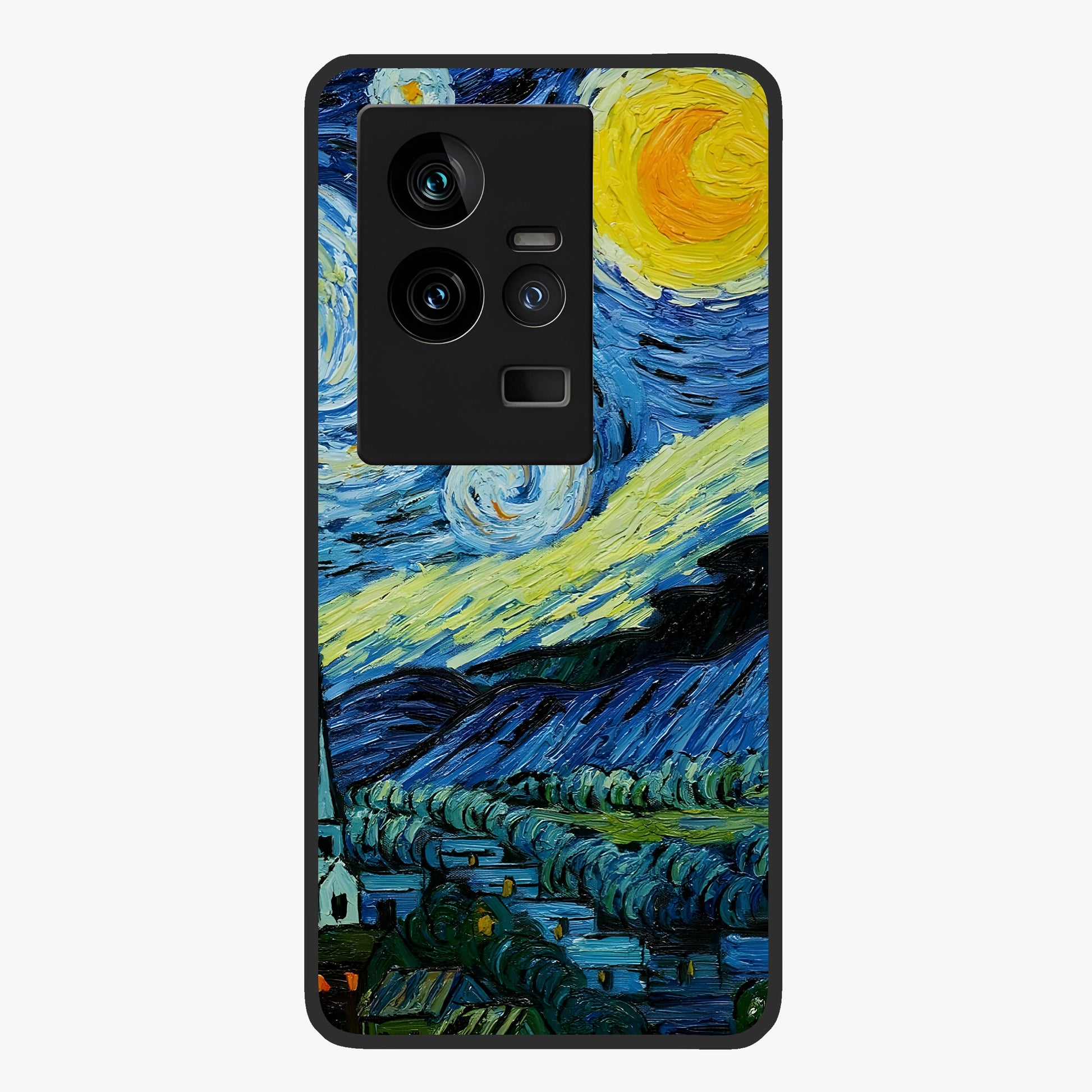 Van Gogh Art Glass Case showing flat back view with classic painterly artwork inspired by Van Gogh style and glossy glass finish.