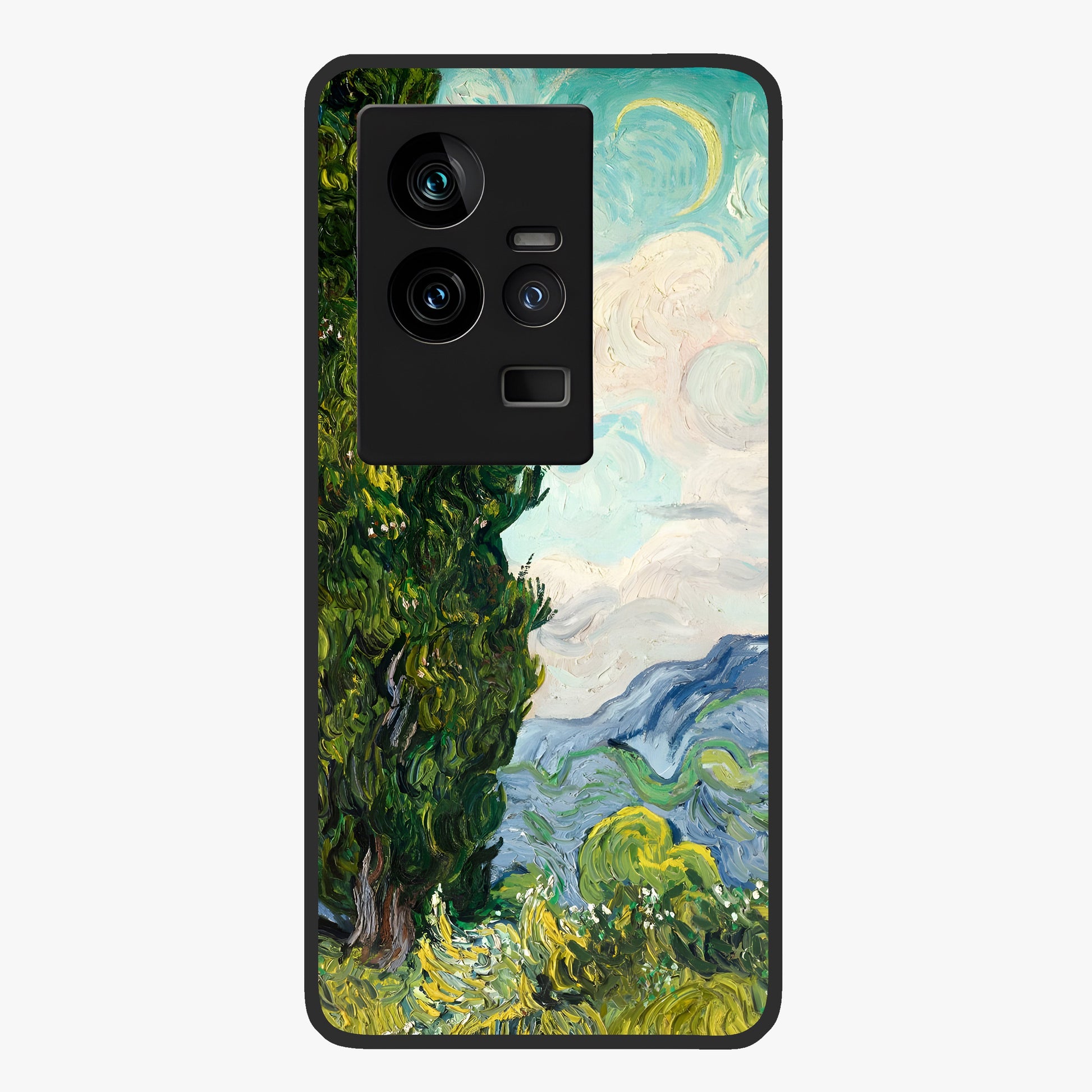 Van Gogh Vintage Art Glass Case showing flat back view with vintage painterly artwork inspired by Van Gogh style and glossy glass finish.