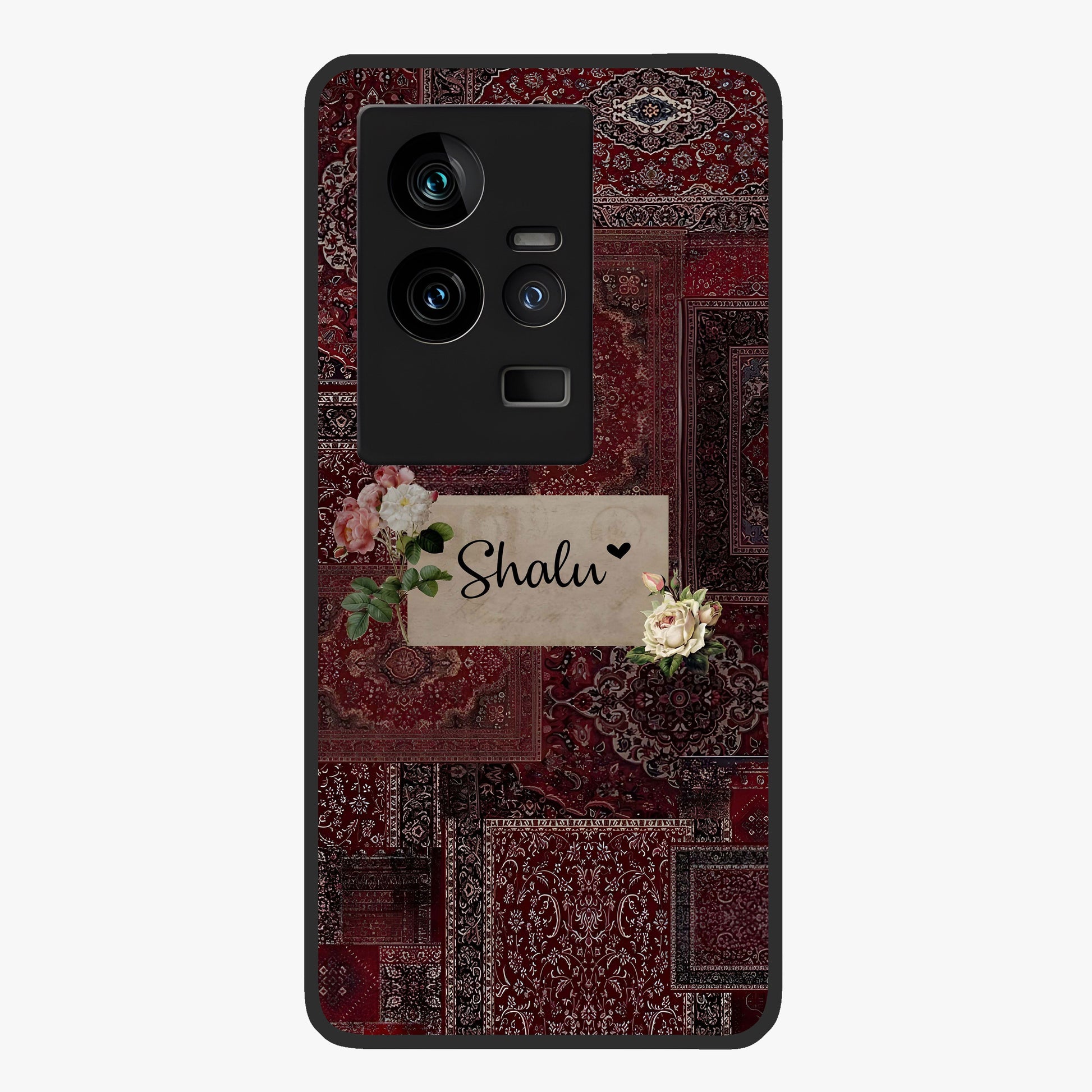Velvet Wine Pattern Custom Name Glass Case showing flat back view with elegant wine colored pattern artwork and personalized name design.