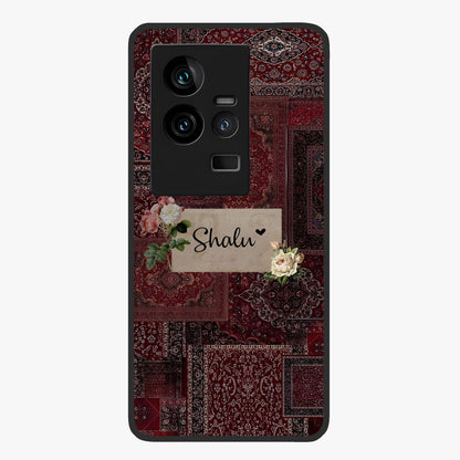 Velvet Wine Pattern Custom Name Glass Case showing flat back view with elegant wine colored pattern artwork and personalized name design.