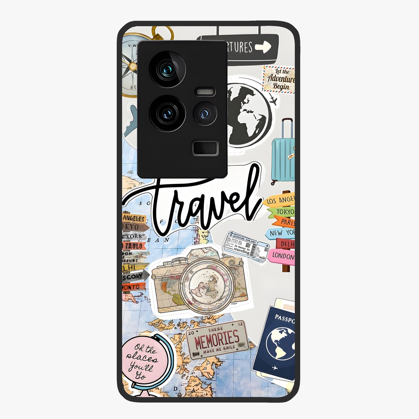 Wanderlust Journal Glass Case showing flat back view with travel inspired artwork and glossy glass finish.