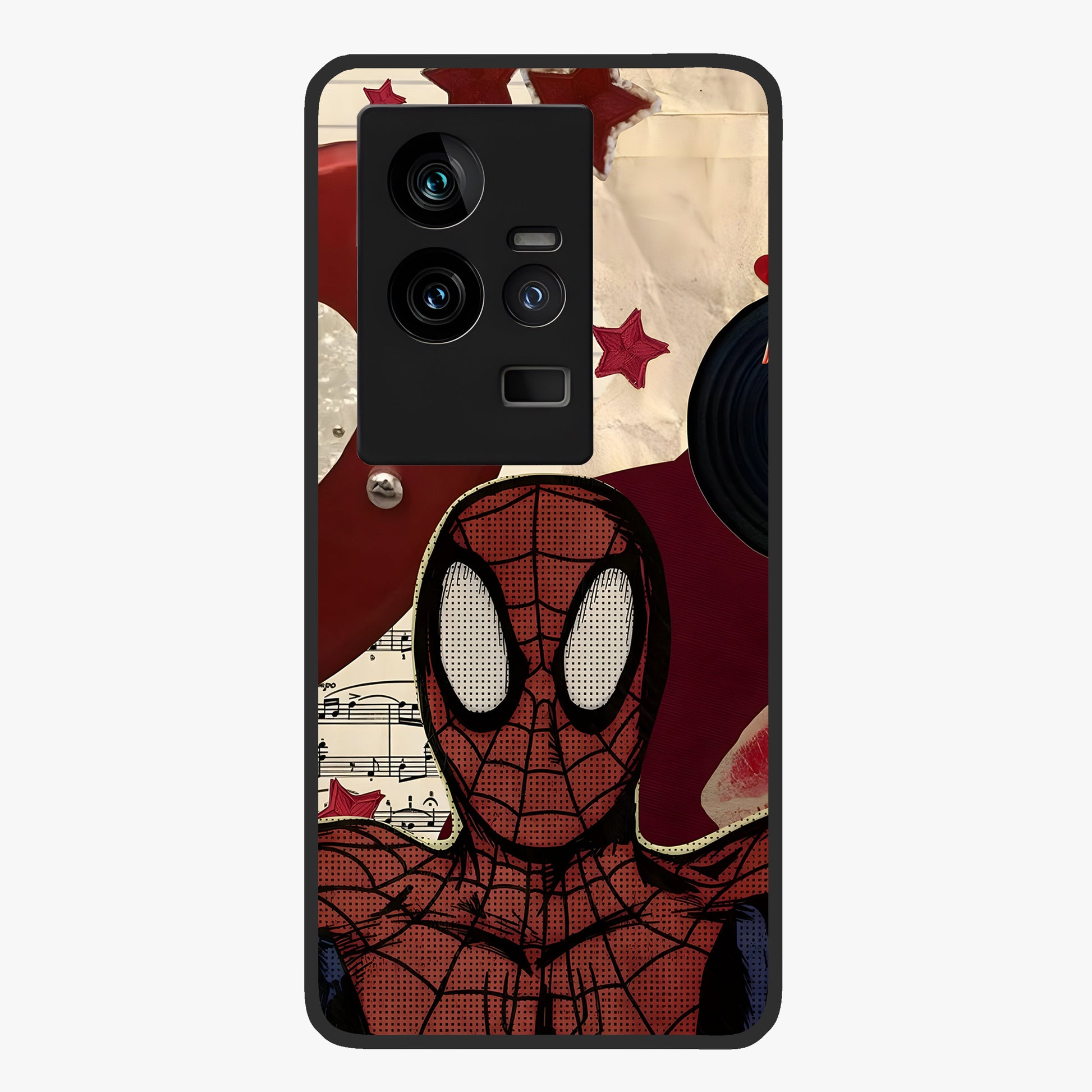 Web Warrior Vibes Glass Case showing flat back view with superhero inspired web themed artwork and glossy glass finish.