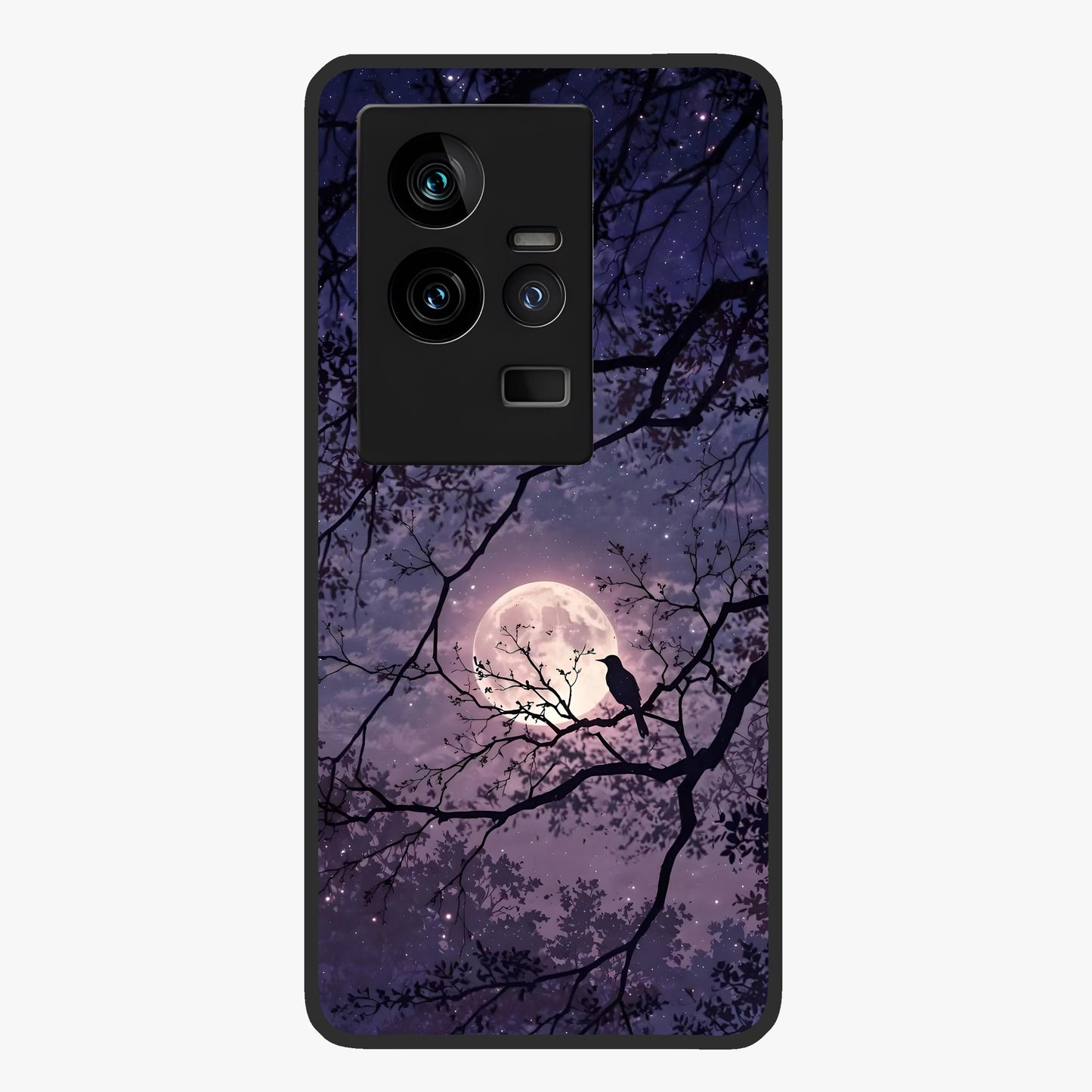 Whispering Moon Silence Glass Case showing flat back view with serene moon themed artwork and glossy glass finish.