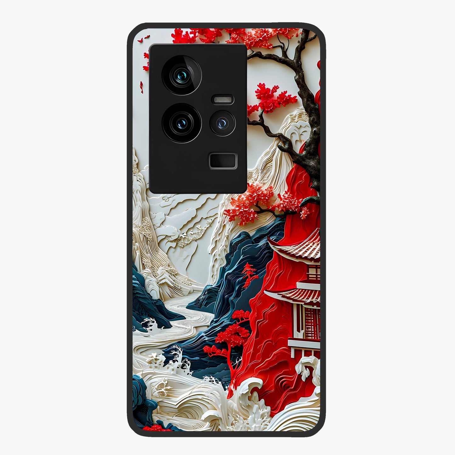 Whispers Of Sakura Waves Glass Case showing flat back view with cherry blossom wave artwork and glossy glass finish.
