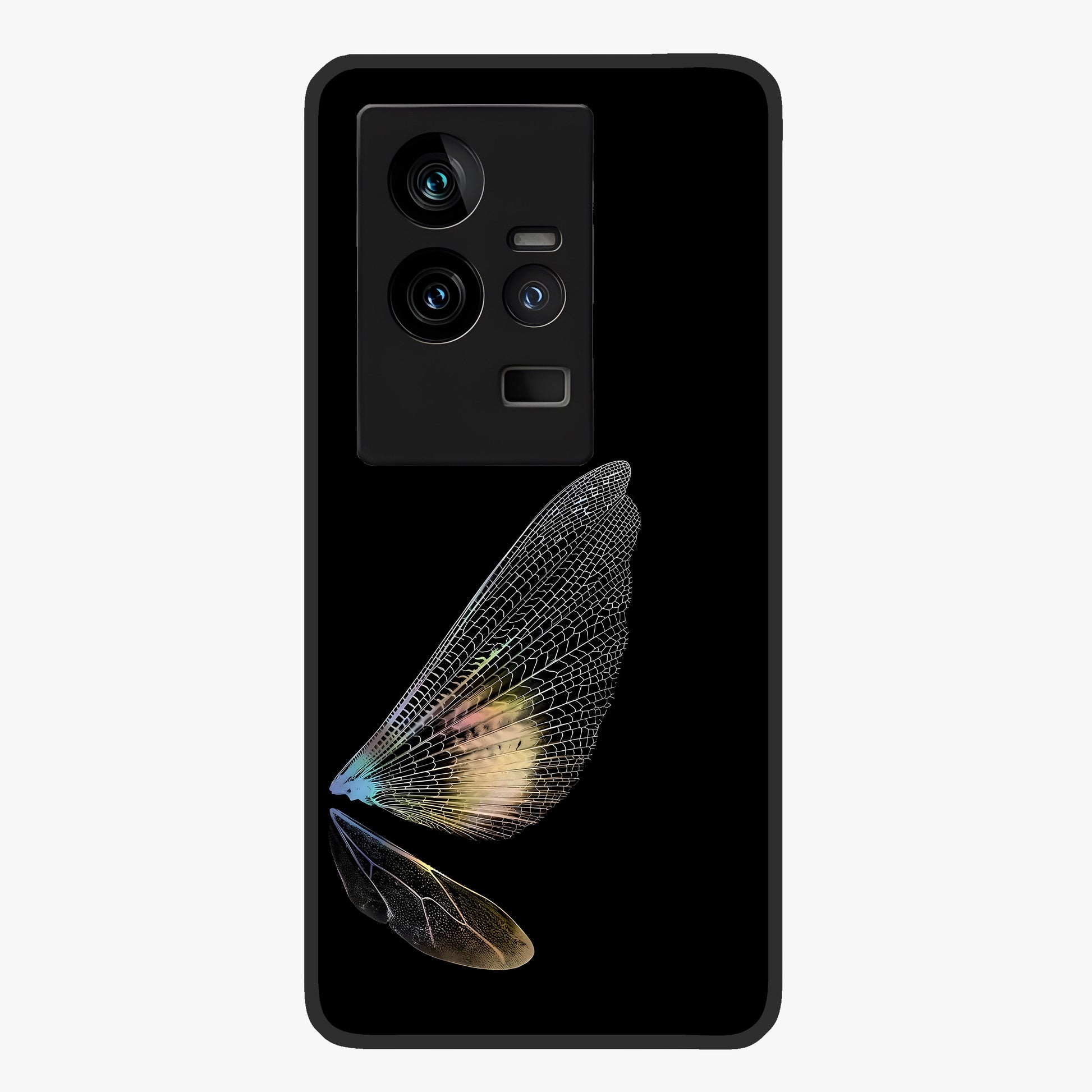 Whispers Of Wings Glass Case showing flat back view with graceful wing inspired artwork and glossy glass finish.