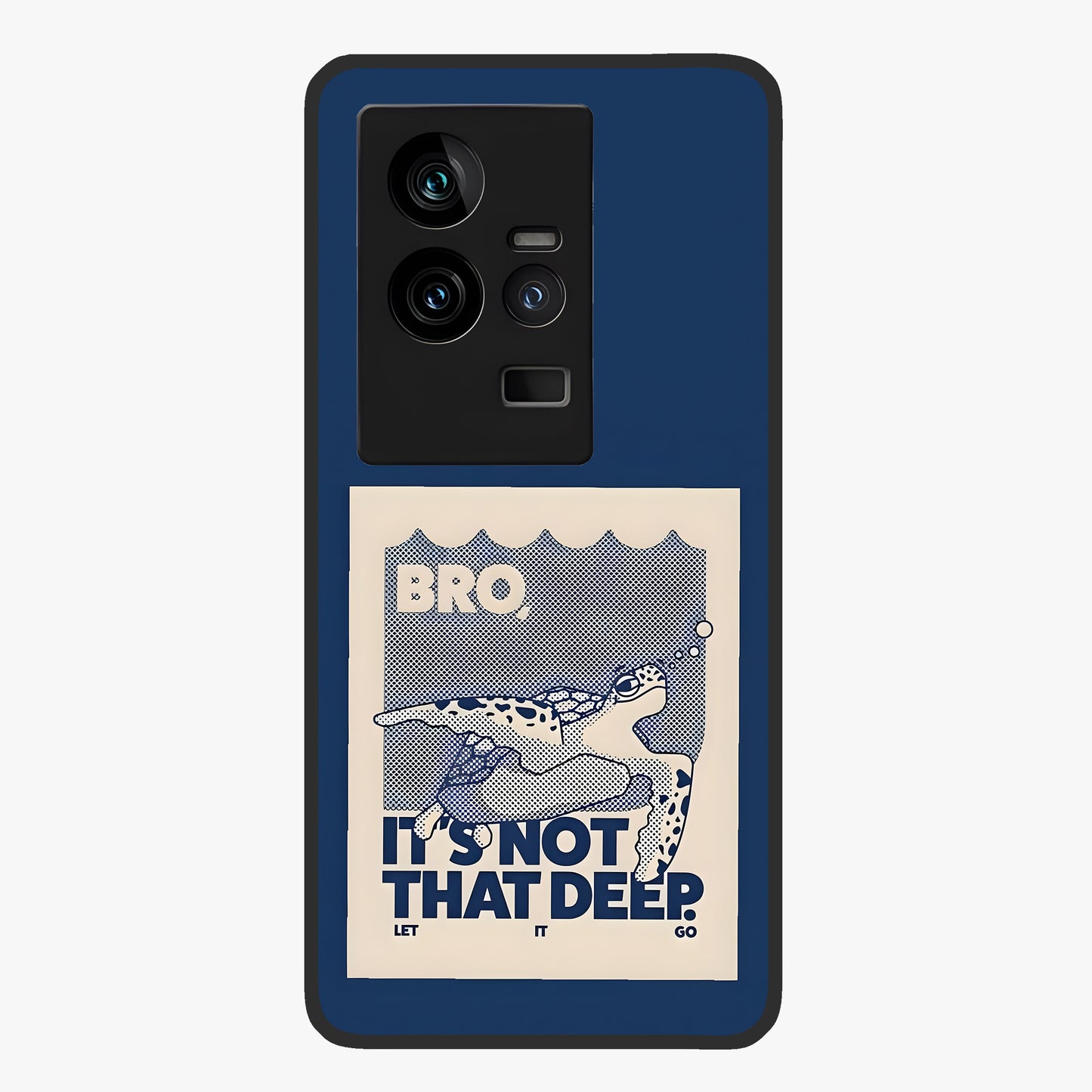 Worry Less Swim Glass Case showing flat back view with playful motivational artwork and glossy glass finish.